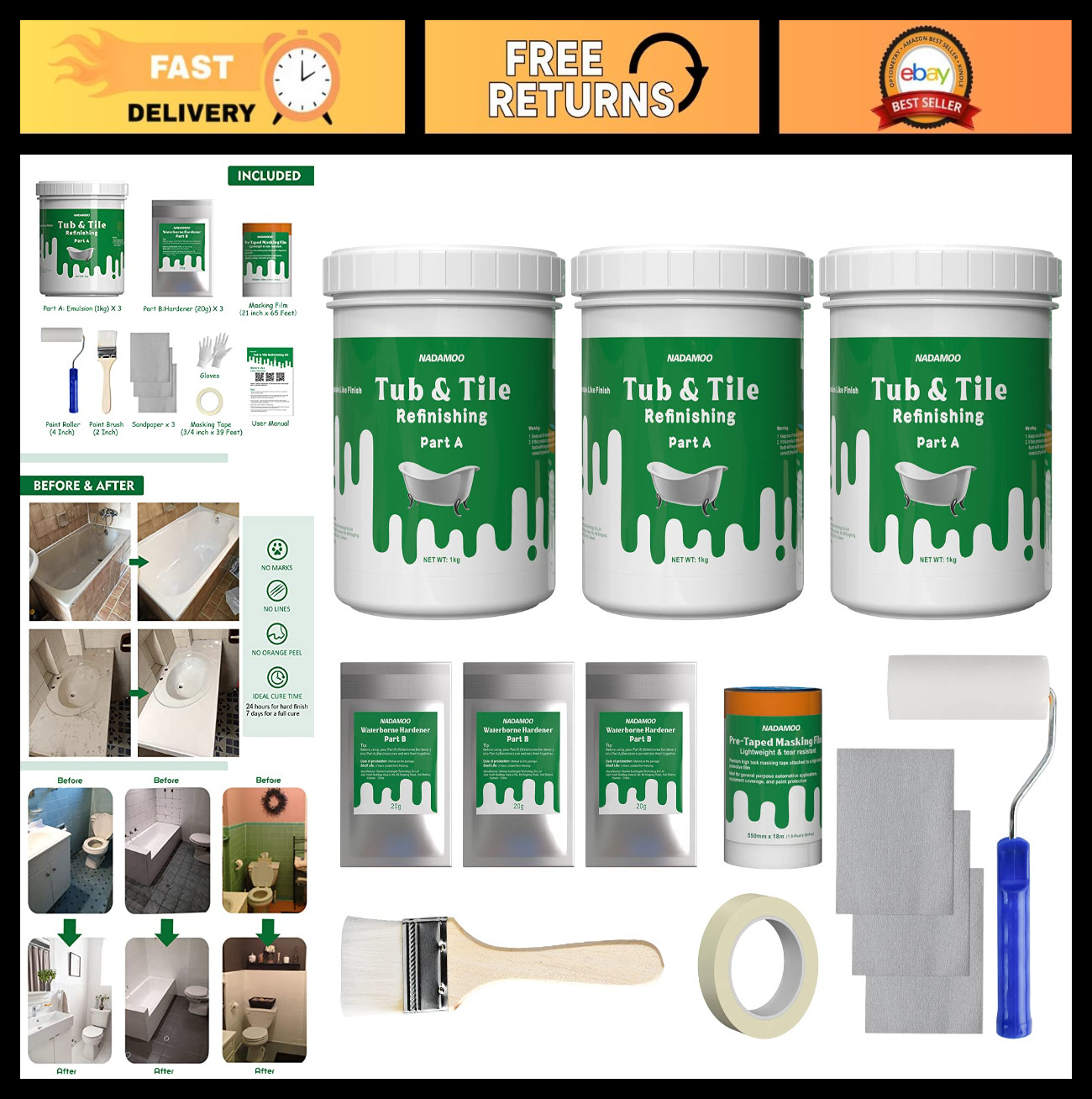 DIY Tub & Tile Refinishing Kit – 3kg White Paint for Bathtub, Sink, Countertop,