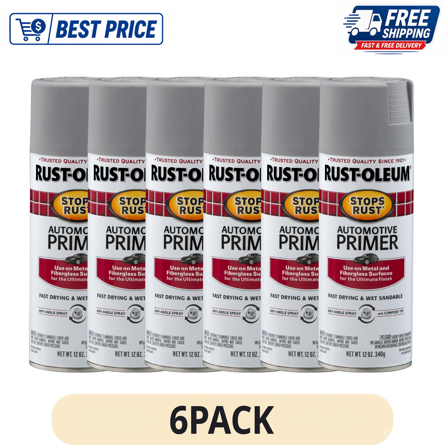 6 Pack Rust-Oleum Automotive Stops Rust Primer Light Gray 12 oz Spray Paint