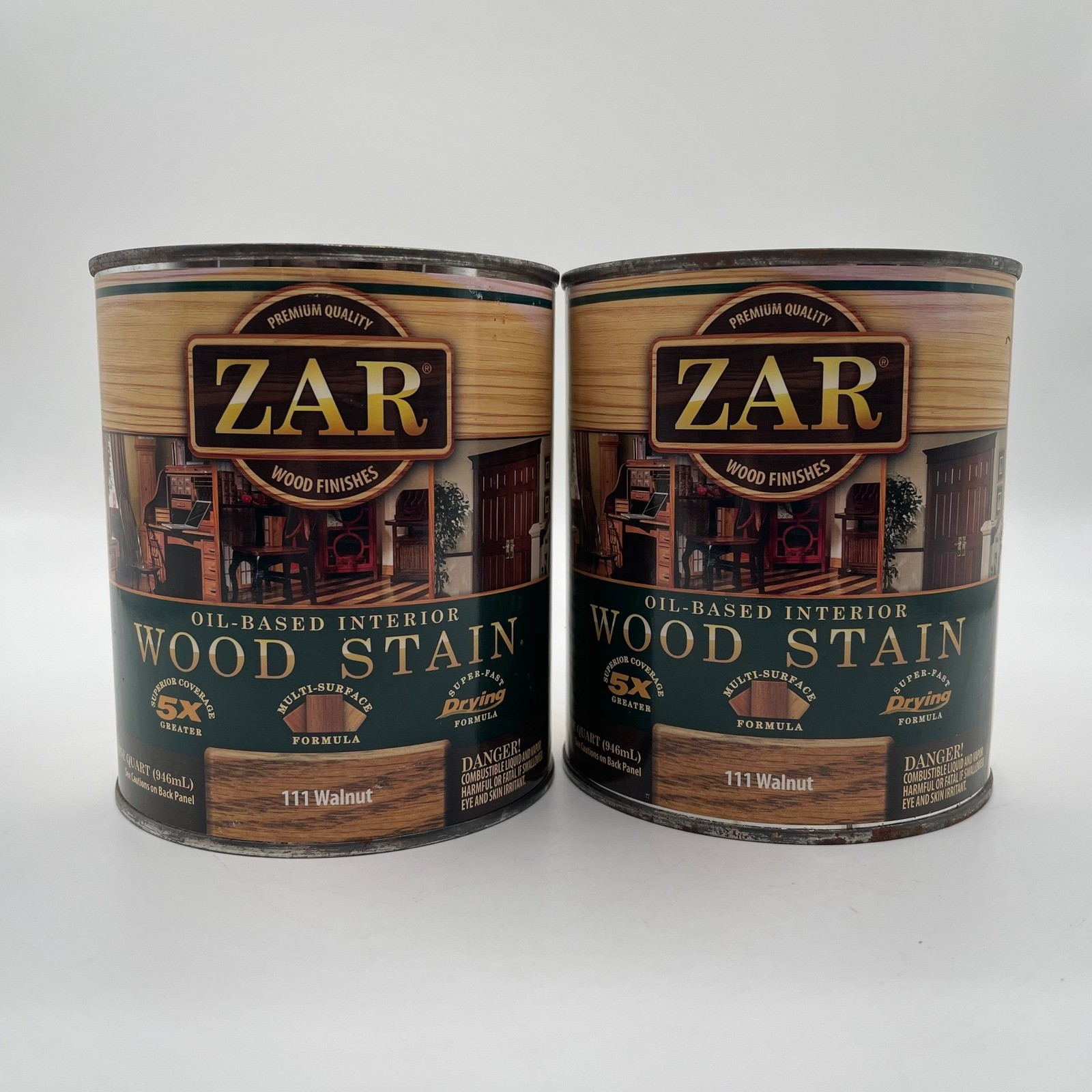 Lot of 2 ZAR 111 Walnut Oil-Based Interior Wood Stain 1 Quart Cans Fast Drying