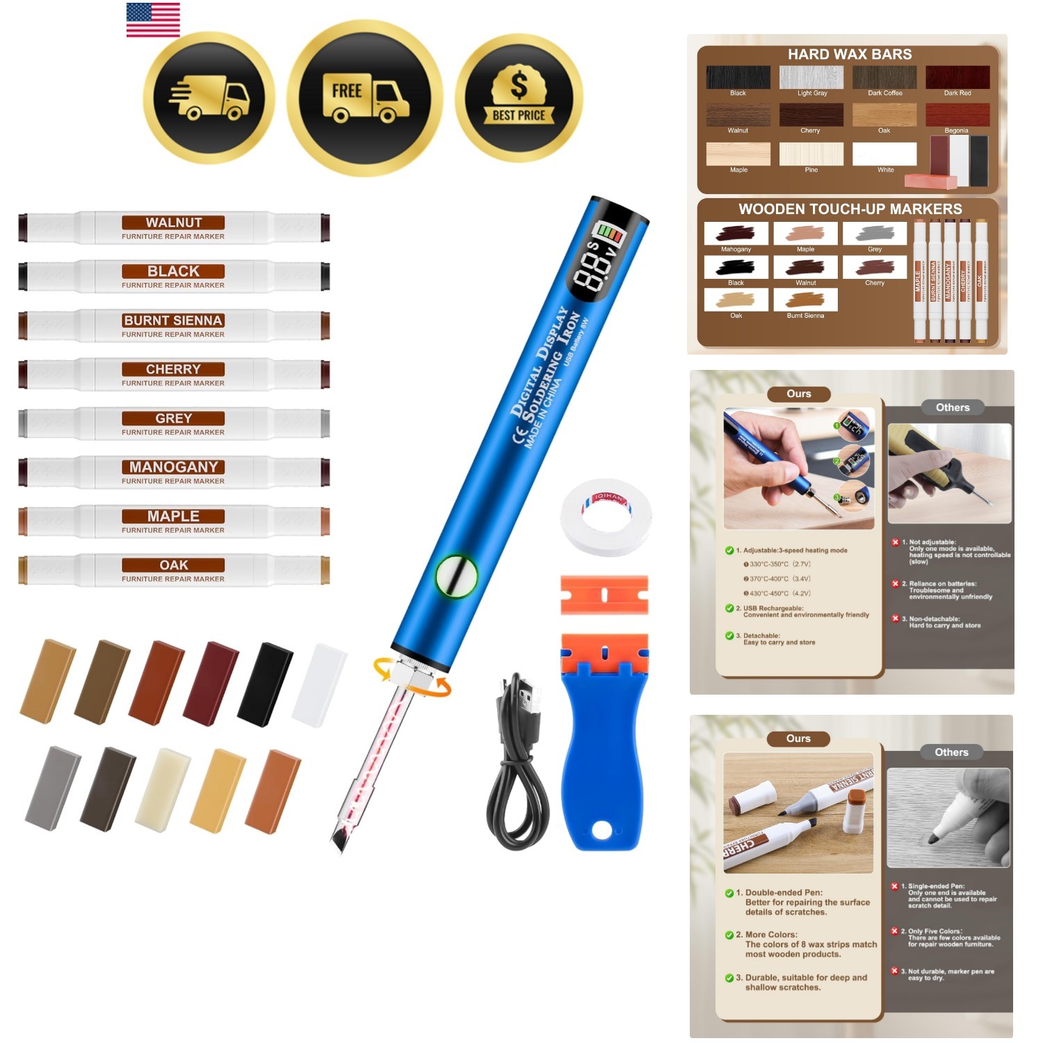 Laminate Wood Floor Repair Kit, Wax Melting Tool with Display, Hard Wax Fille…