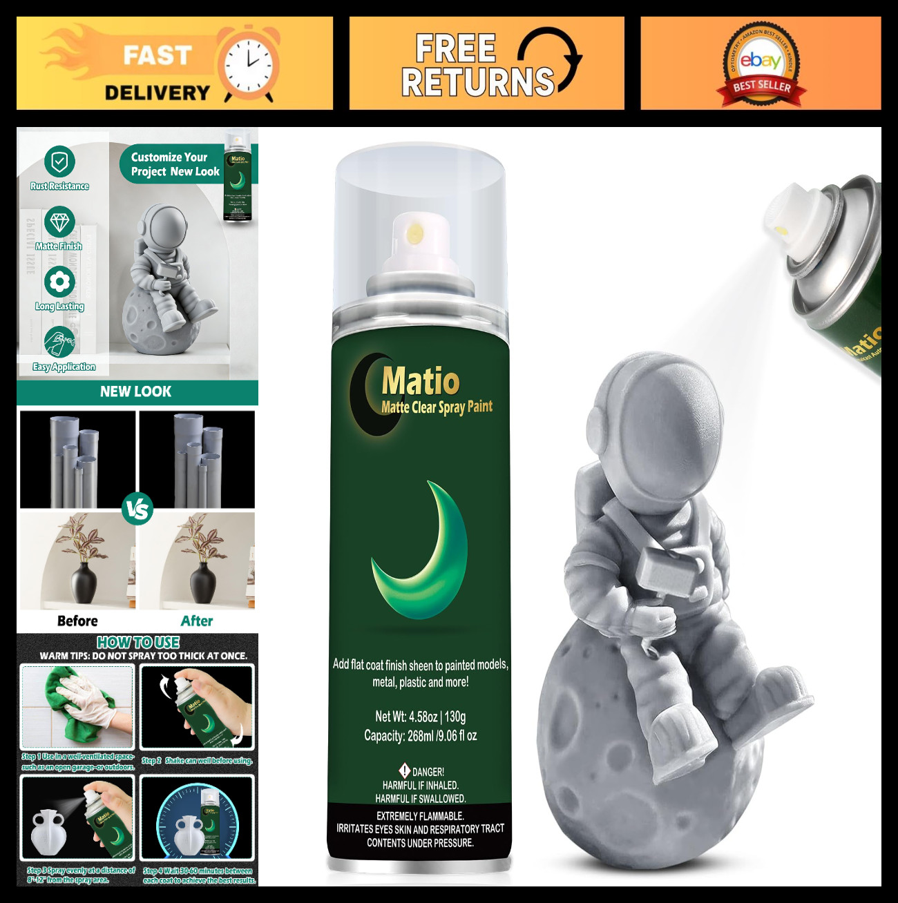 Matte Clear Coat Spray Paint 4.58oz – Finish Sealer for Metal, Wood, Plastic, Ar