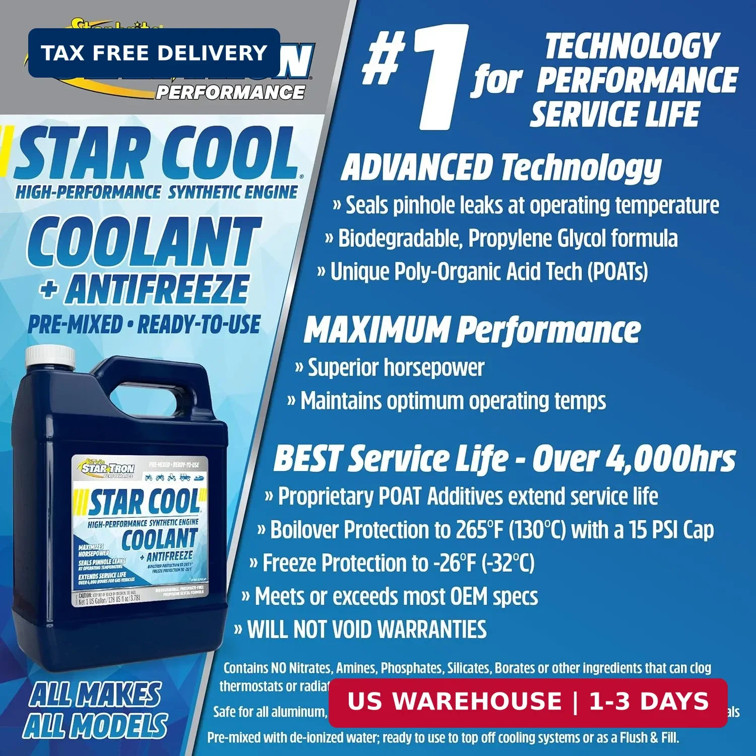Star Tron Star-Cool Premium Synthetic PG Engine Coolant + Antifreeze – Propylene