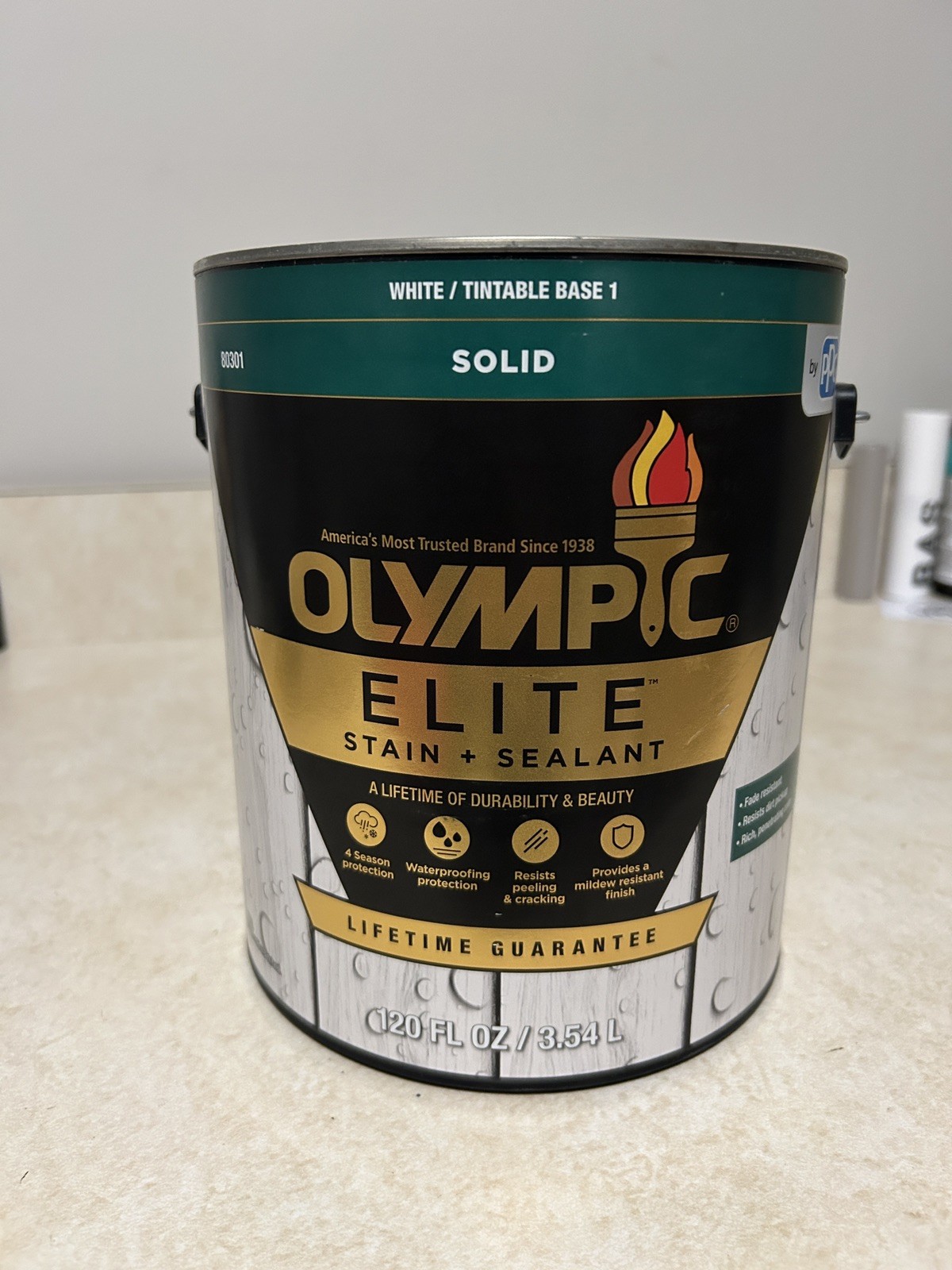 Olympic Elite Stain & Sealant 1 Gallon (Solid, White / Tintable Base 1)