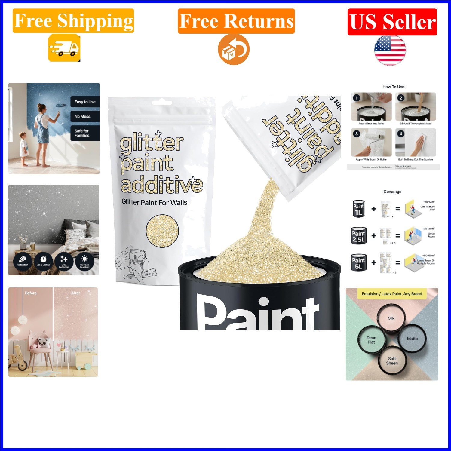 Champagne Gold Glitter Paint Additive 100g for Walls, Furniture, Exterior & I…