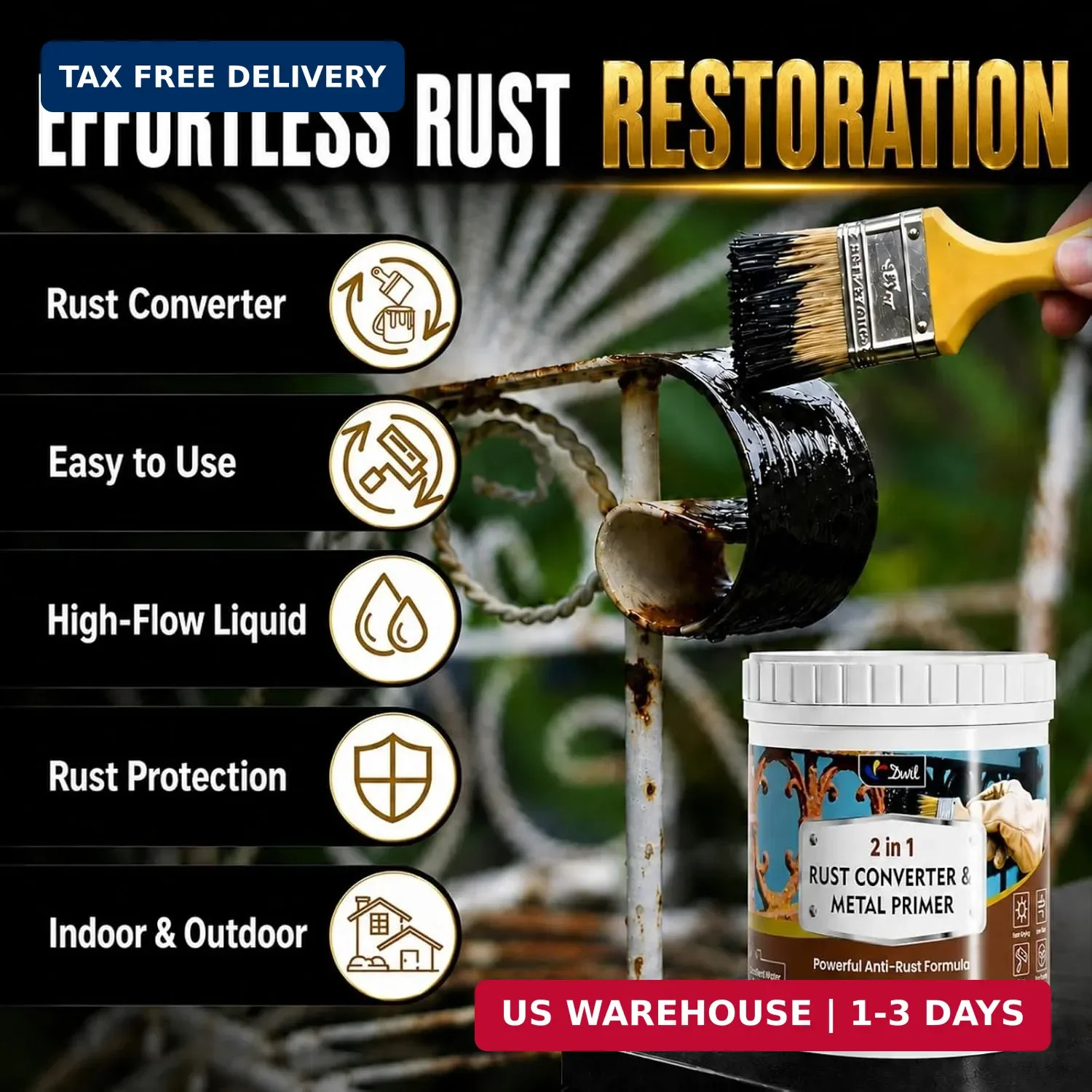Rust Converter for Metal 𝟮 𝗶𝗻 𝟭, High-Flow Rust Reformer and Primer, Wa