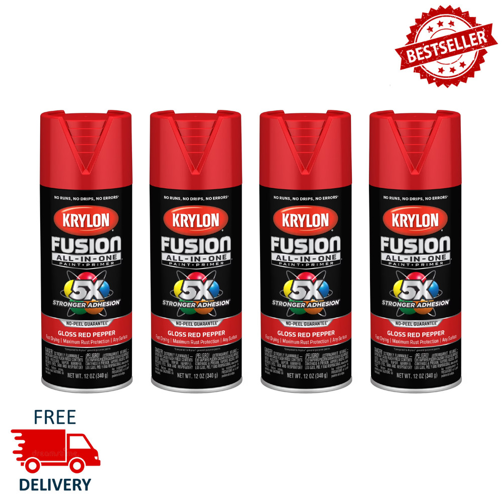 4PK Krylon Fusion All-In-One Spray Paint, Gloss Red Pepper, 12 oz, Multi-Surface