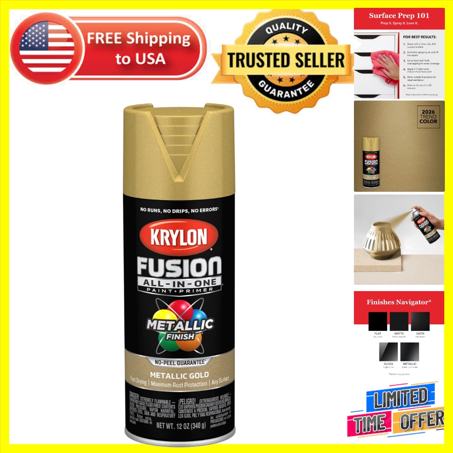 Durable All-In-One 12 oz Gold Spray Paint – Quick Dry for Interior/Exterior