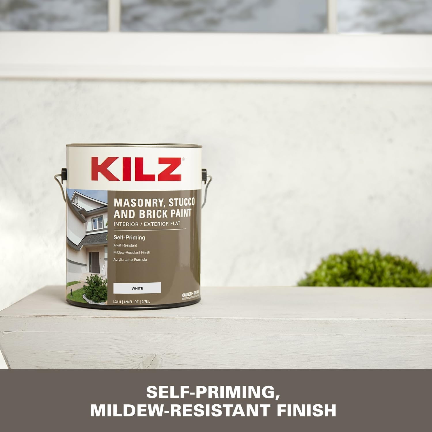 Self-Priming, Water-Resistant Masonry & Brick Paint – 1 Gallon, Flat White