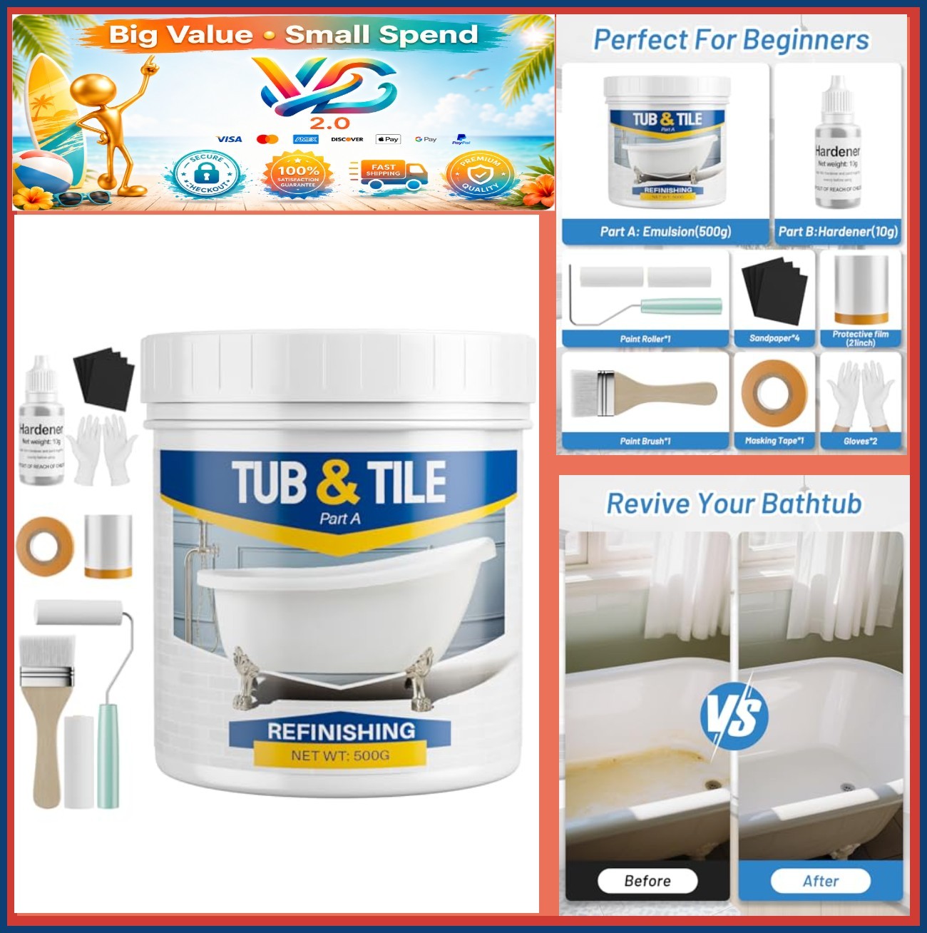Tub and Tile Paint Refinishing Kit 17.6oz White with Tools Hardener Semi-Gloss