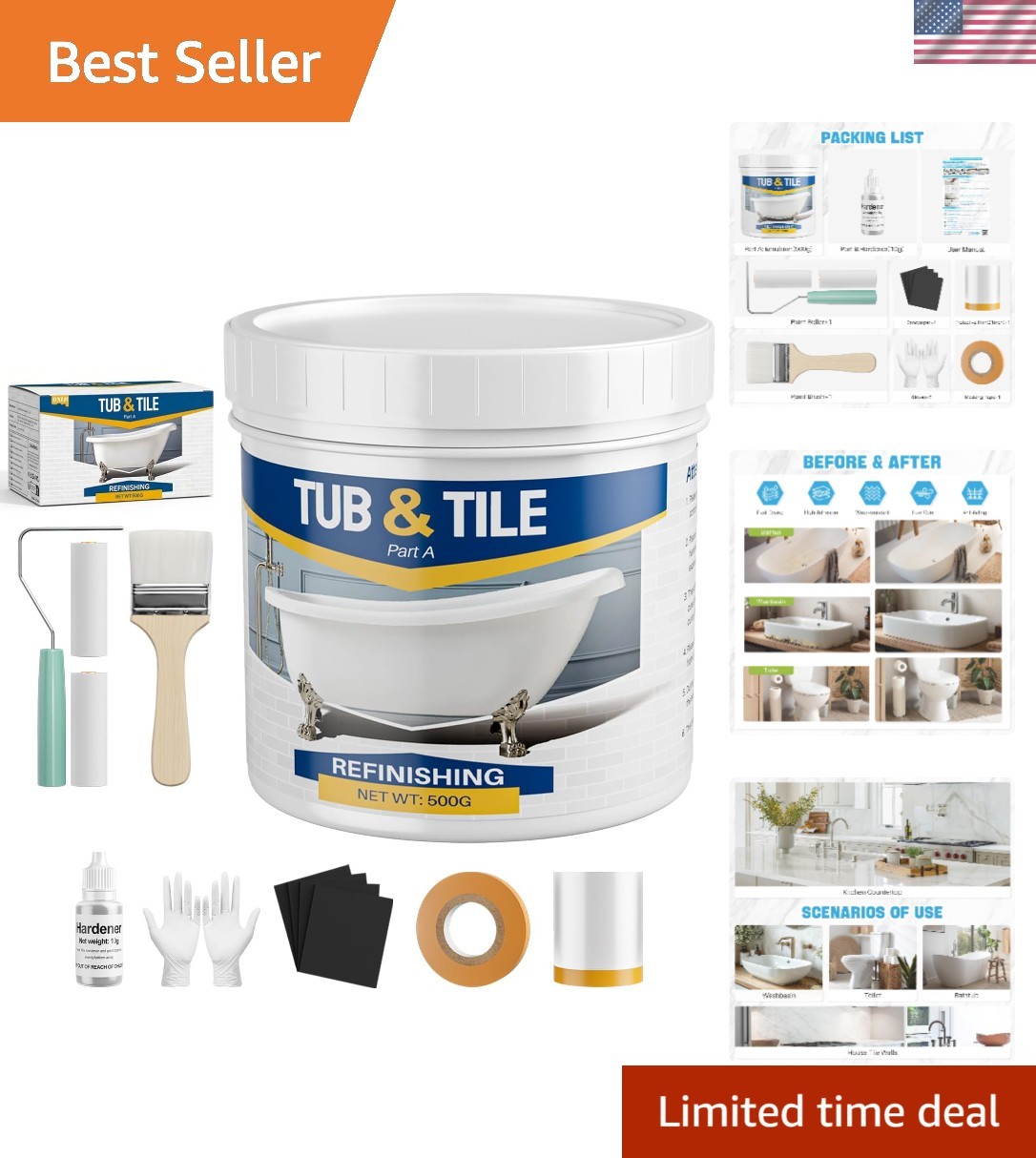 White Tub and Tile Paint, 17.6oz Tub and Tile Refinishing Kit with Hardener, …