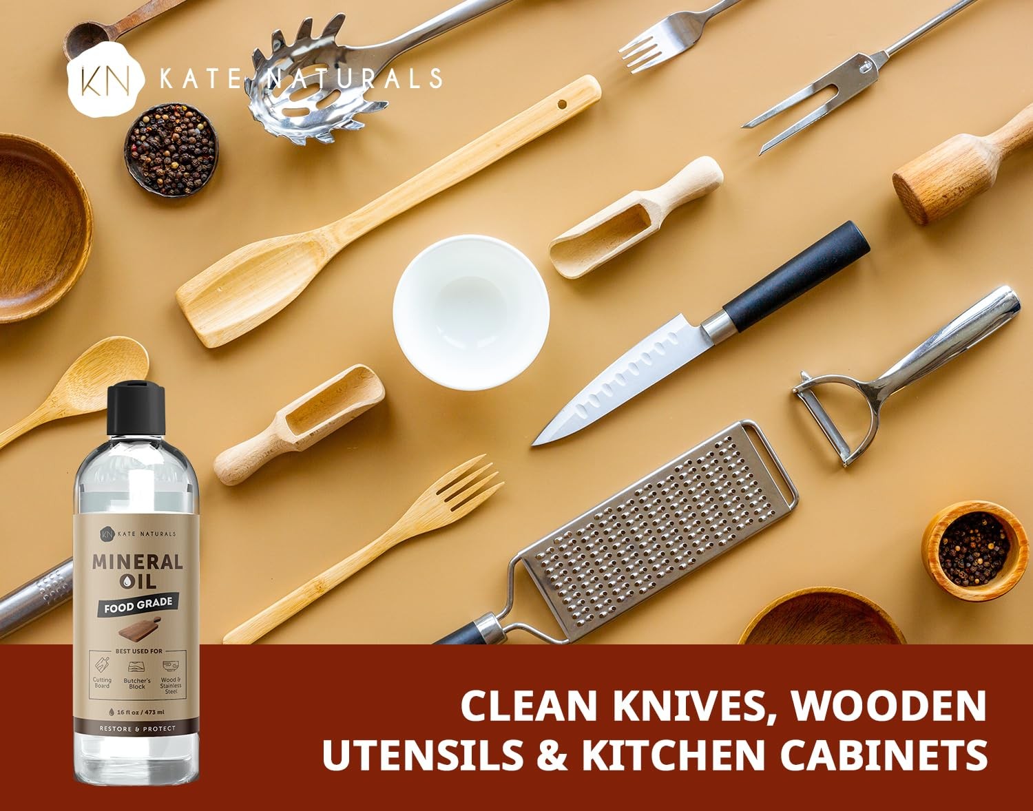Kate Naturals Mineral Oil for Wood Cutting Board, Butcher 16 fl oz, Clear