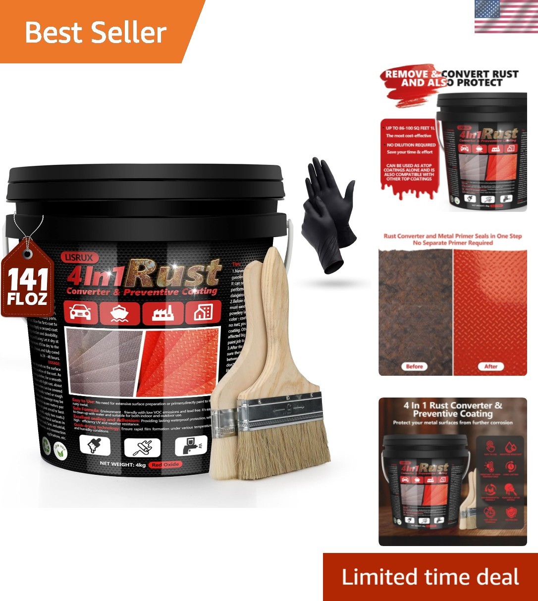 4-in-1 Rust Converter & Metal Primer, 141 Fl OZ Red Rust Inhibitor Paint for …