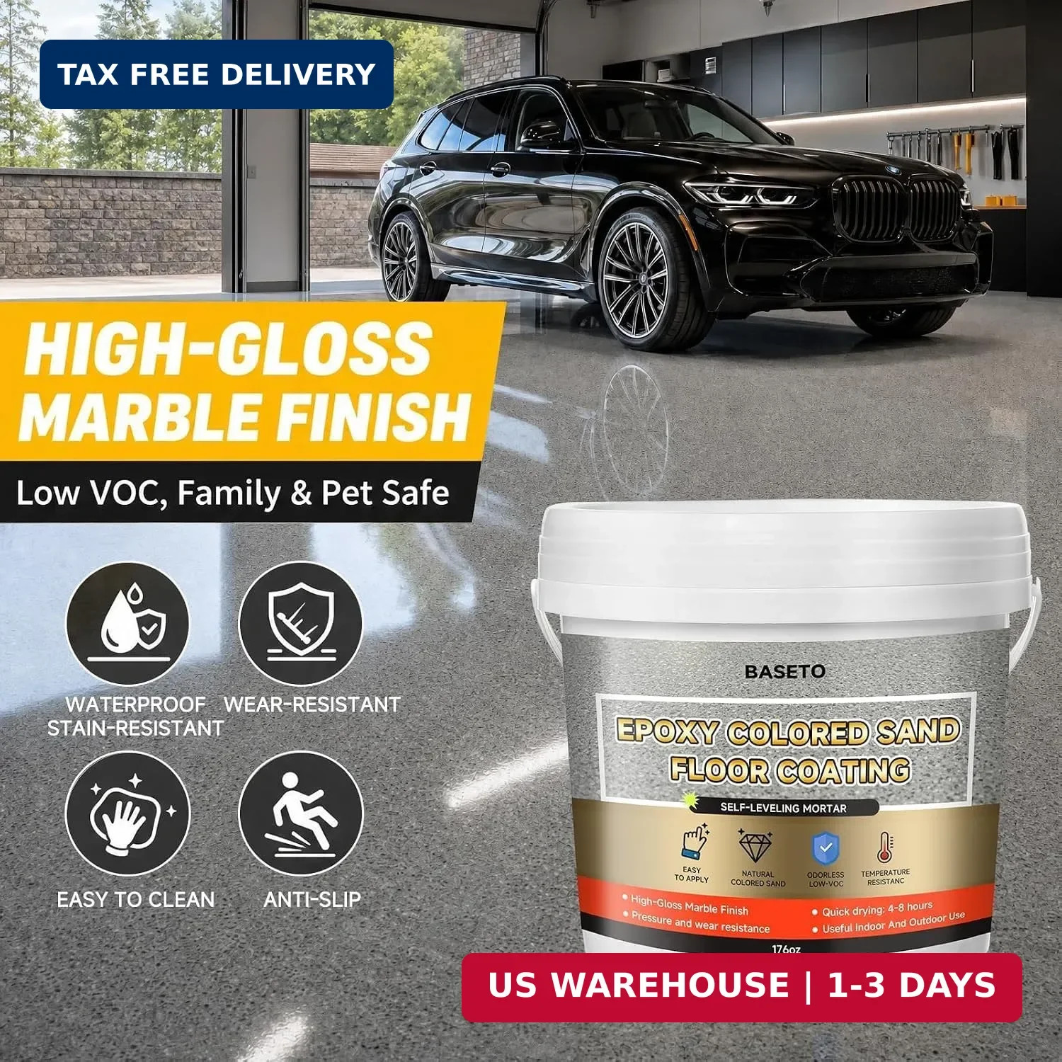 Epoxy Colored Sand Floor Paint-176 Fl Oz,Self-Leveling Epoxy High Gloss Coating,
