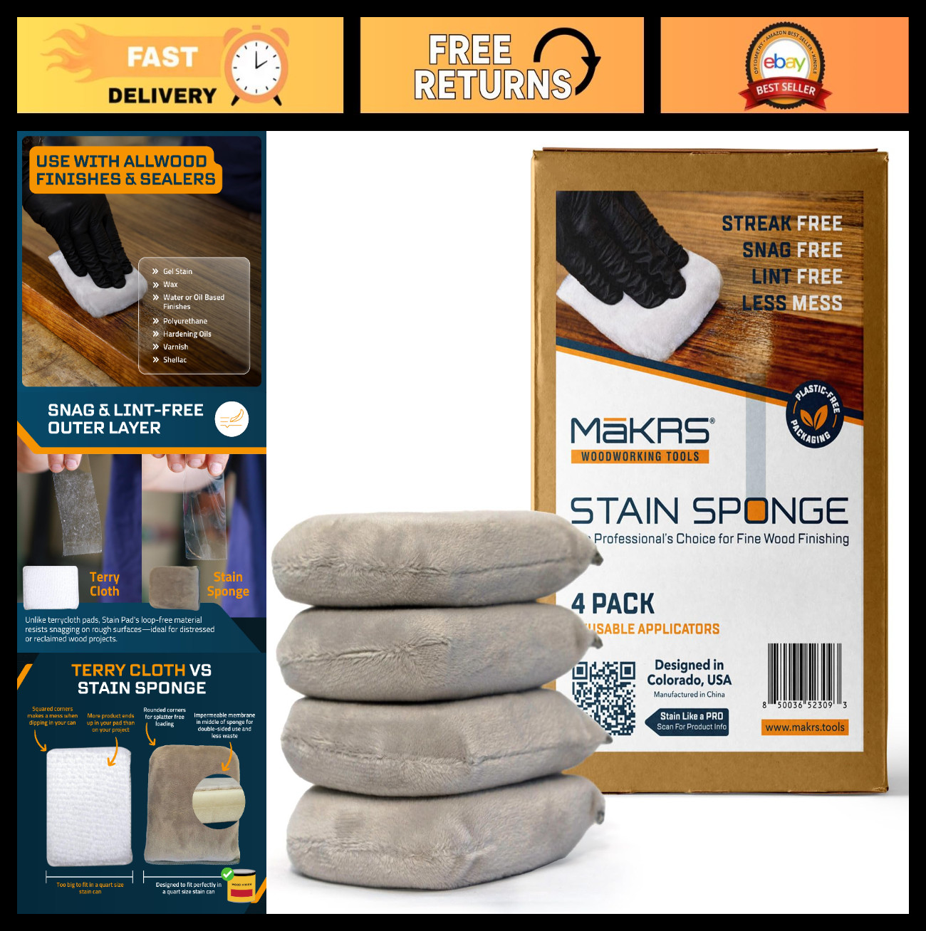 4-Pack Stain Applicator Sponges | Lint-Free Microfiber for Wood Finishing, Trim
