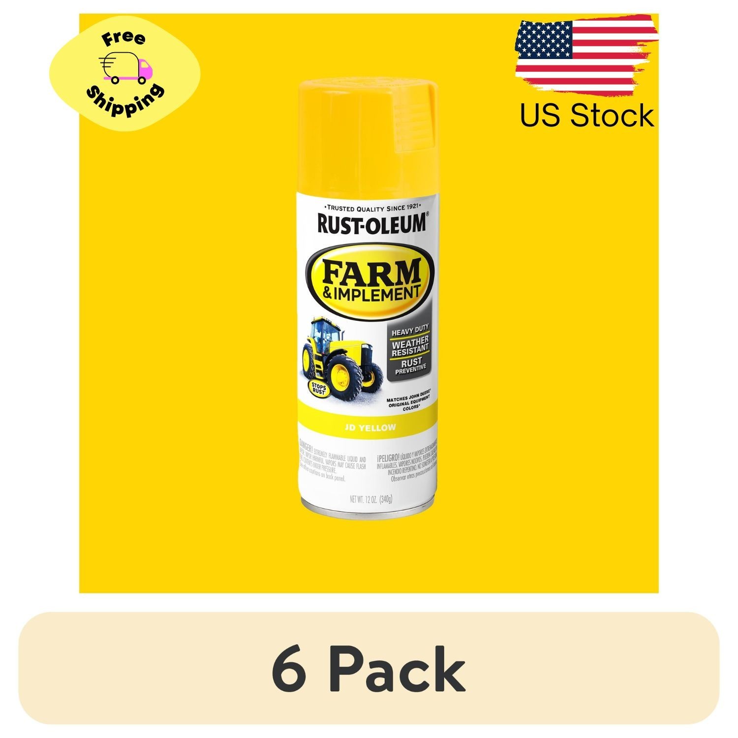 (6 pack) JD Yellow, Specialty Farm & Implement Gloss Spray Paint, 12 oz