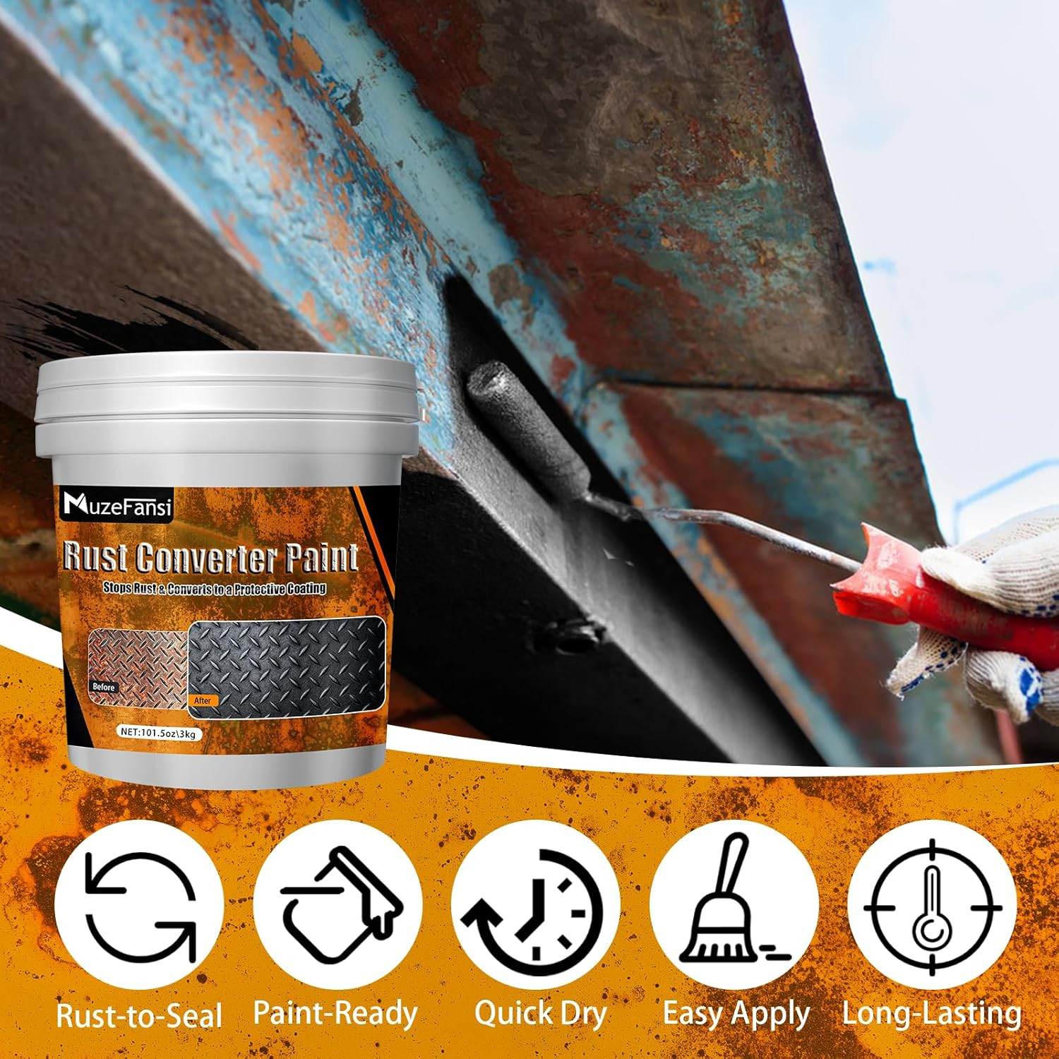 2-In-1 Rust Converter & Metal Primer, 101.5Oz Black Rust Inhibitor Paint for Met