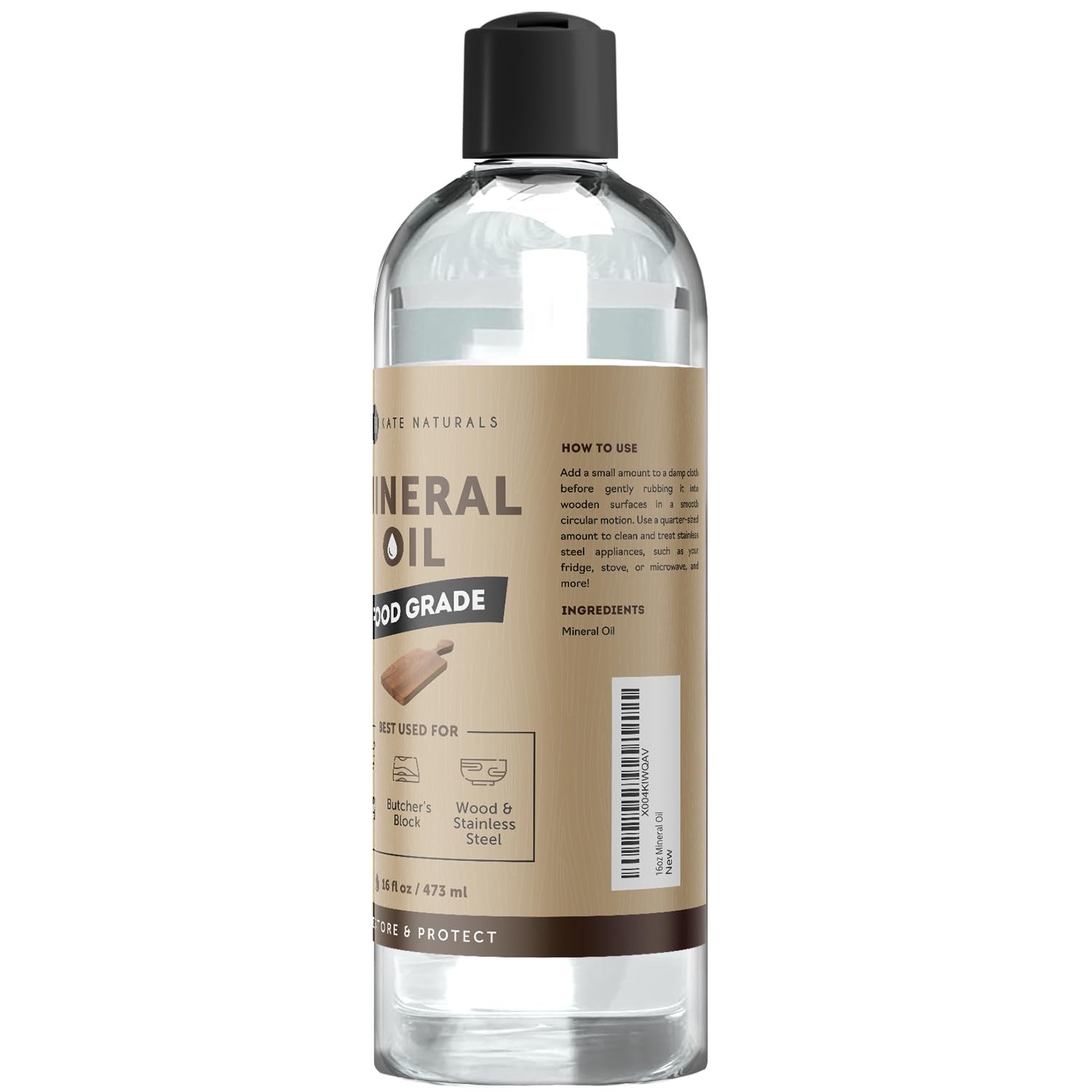 Kate Naturals Mineral Oil for Wood Cutting Board, Butcher 16 fl oz, Clear