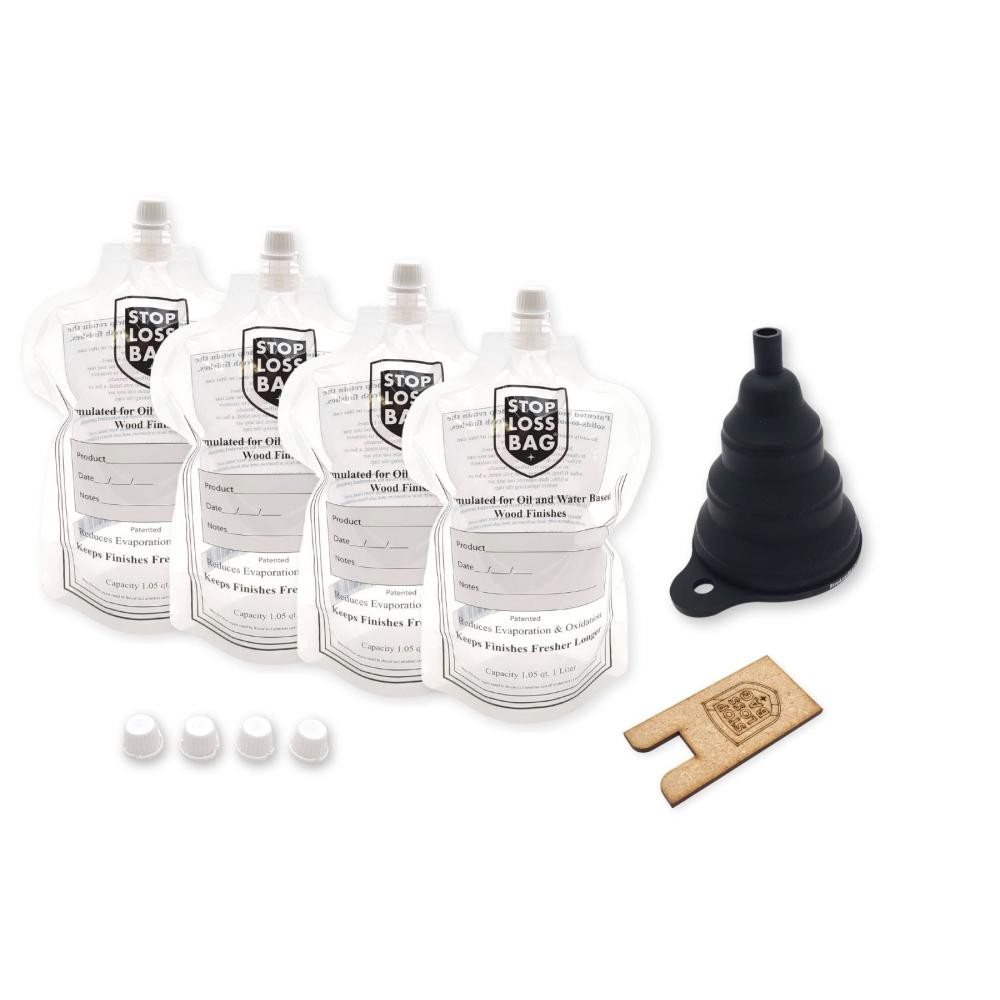StopLossBags Starter Set with 4 Bags, Collapsible Funnel, 4 Extra Caps and Fille