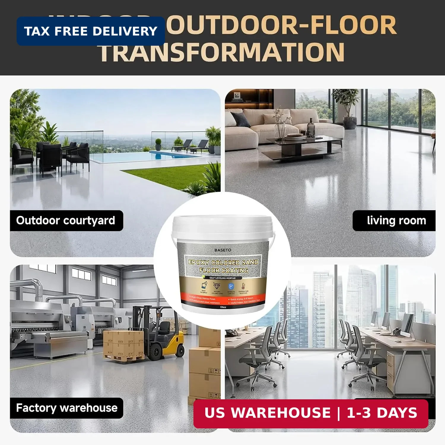 Epoxy Colored Sand Floor Paint-176 Fl Oz,Self-Leveling Epoxy High Gloss Coating,