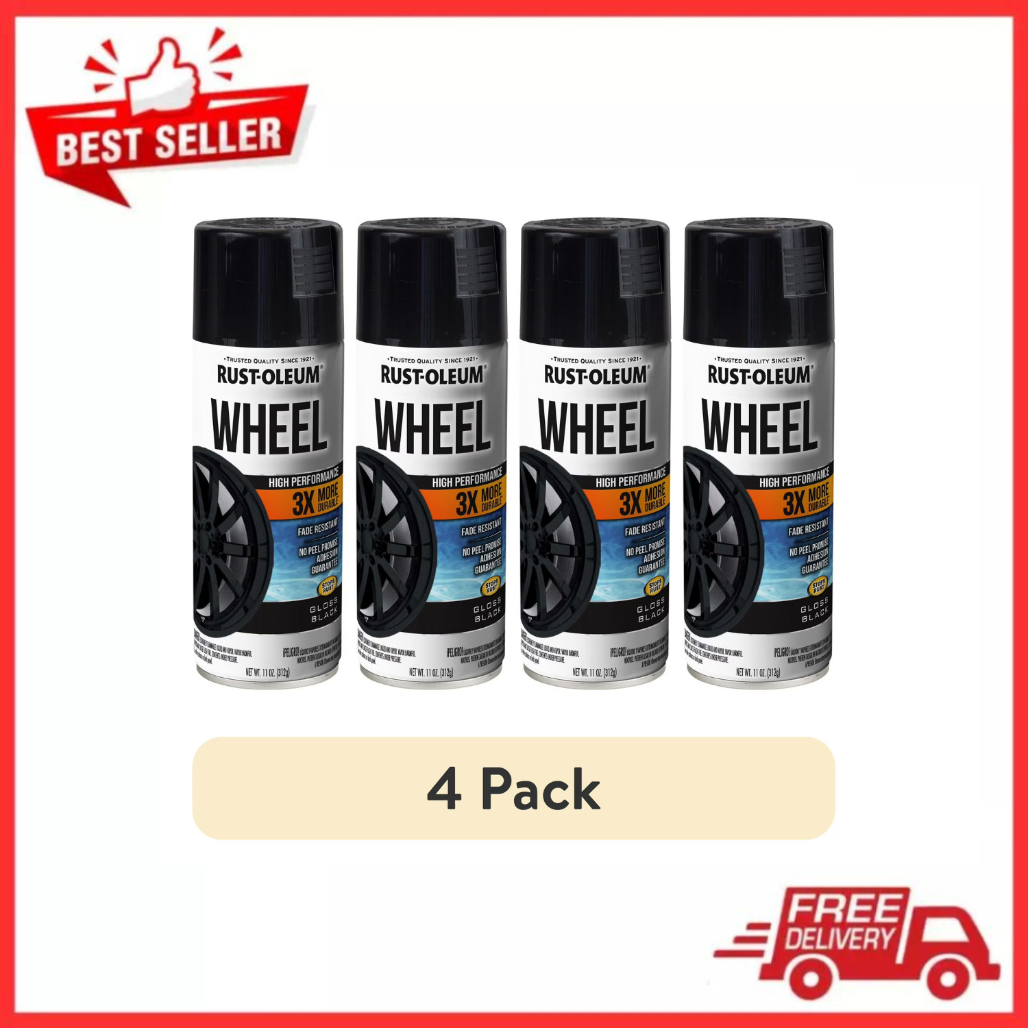 (4 pack) Rust-Oleum Automotive Wheel 3X Gloss Spray Paint, Black, 11 oz