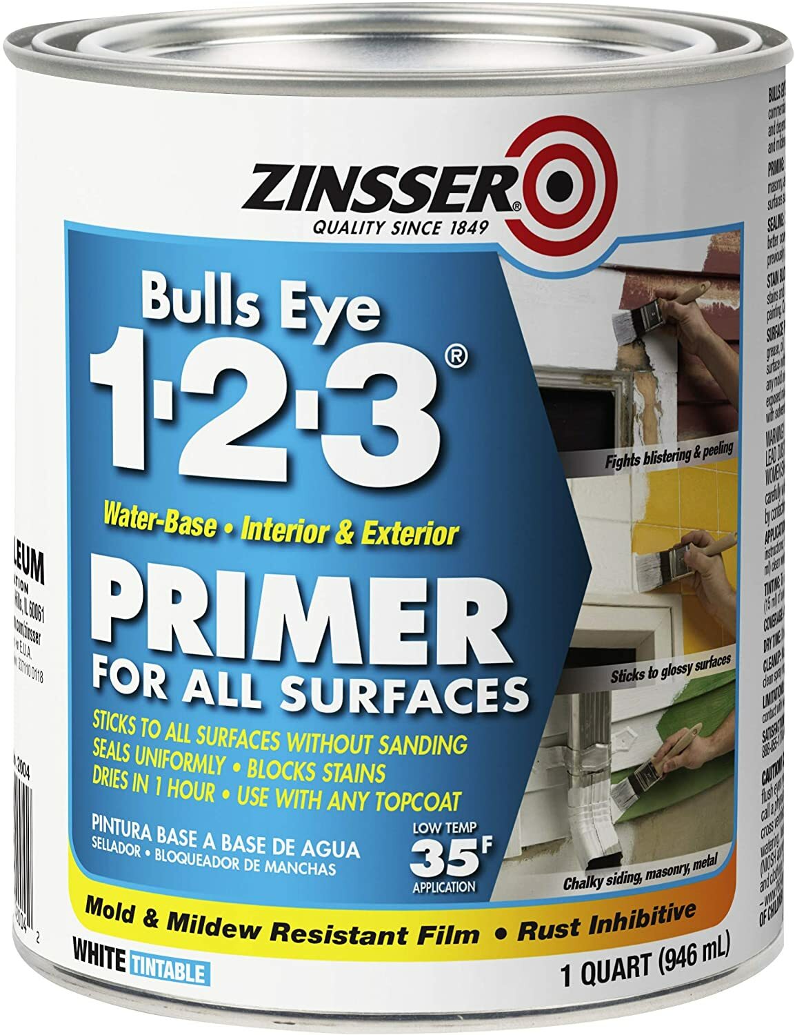 (1 CASE OF 6)Rust-Oleum 2004 Zinsser Bulls Eye 1-2-3 Primer 1 Quart 946 ml White