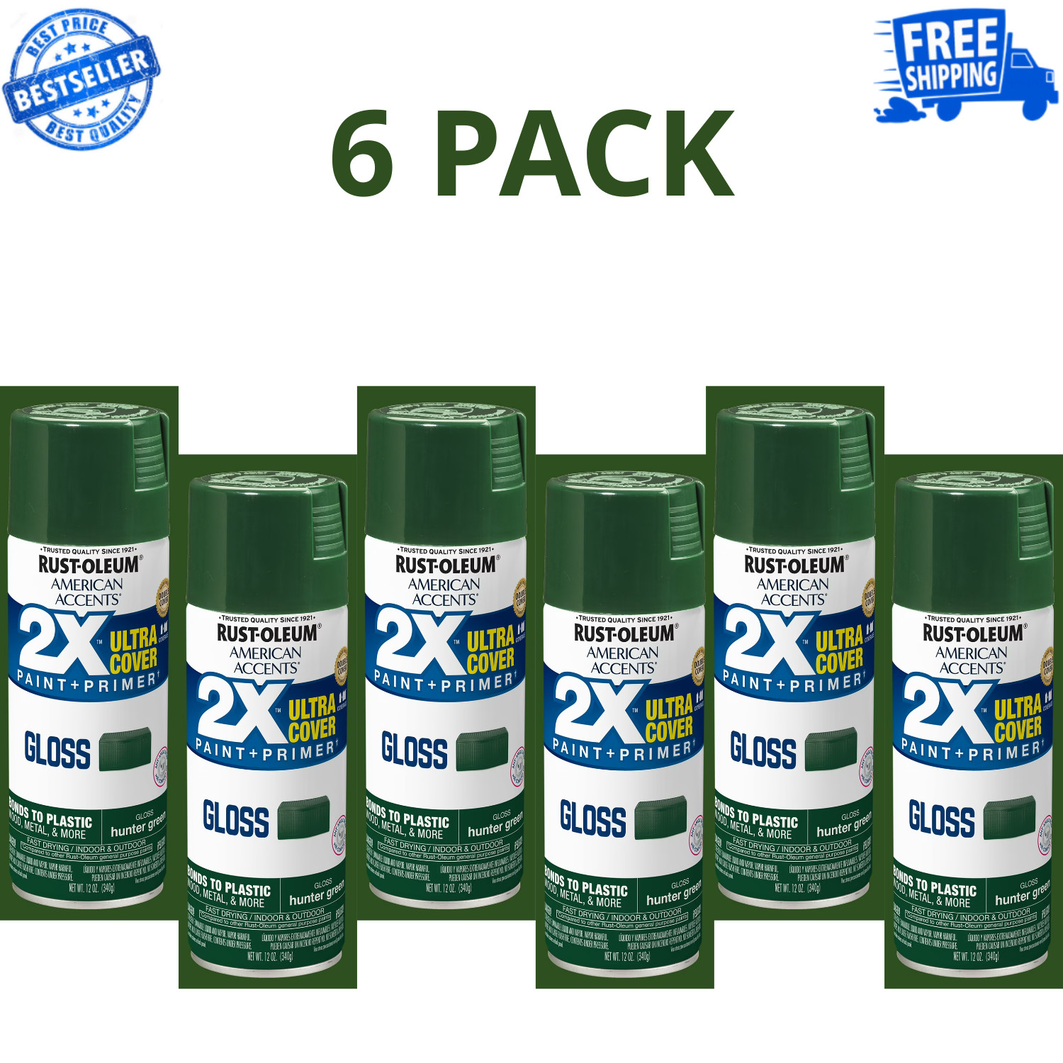 Rust-Oleum American Accents 2X Ultra Cover Gloss Hunter Green 12oz Spray, 6 Pack