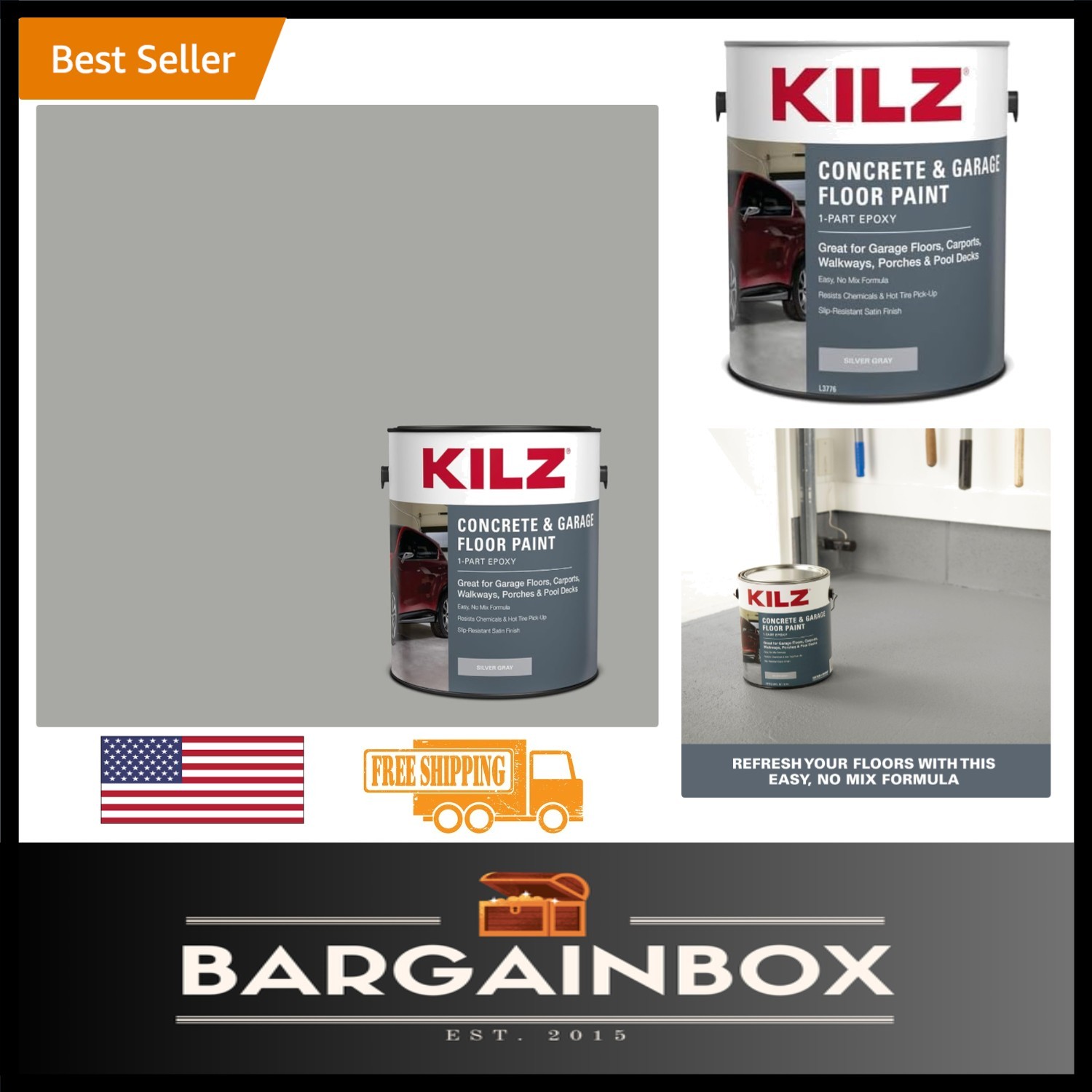 Stylish Silver Gray Satin Epoxy Concrete Paint for Indoor/Outdoor Use, 1 Gallon