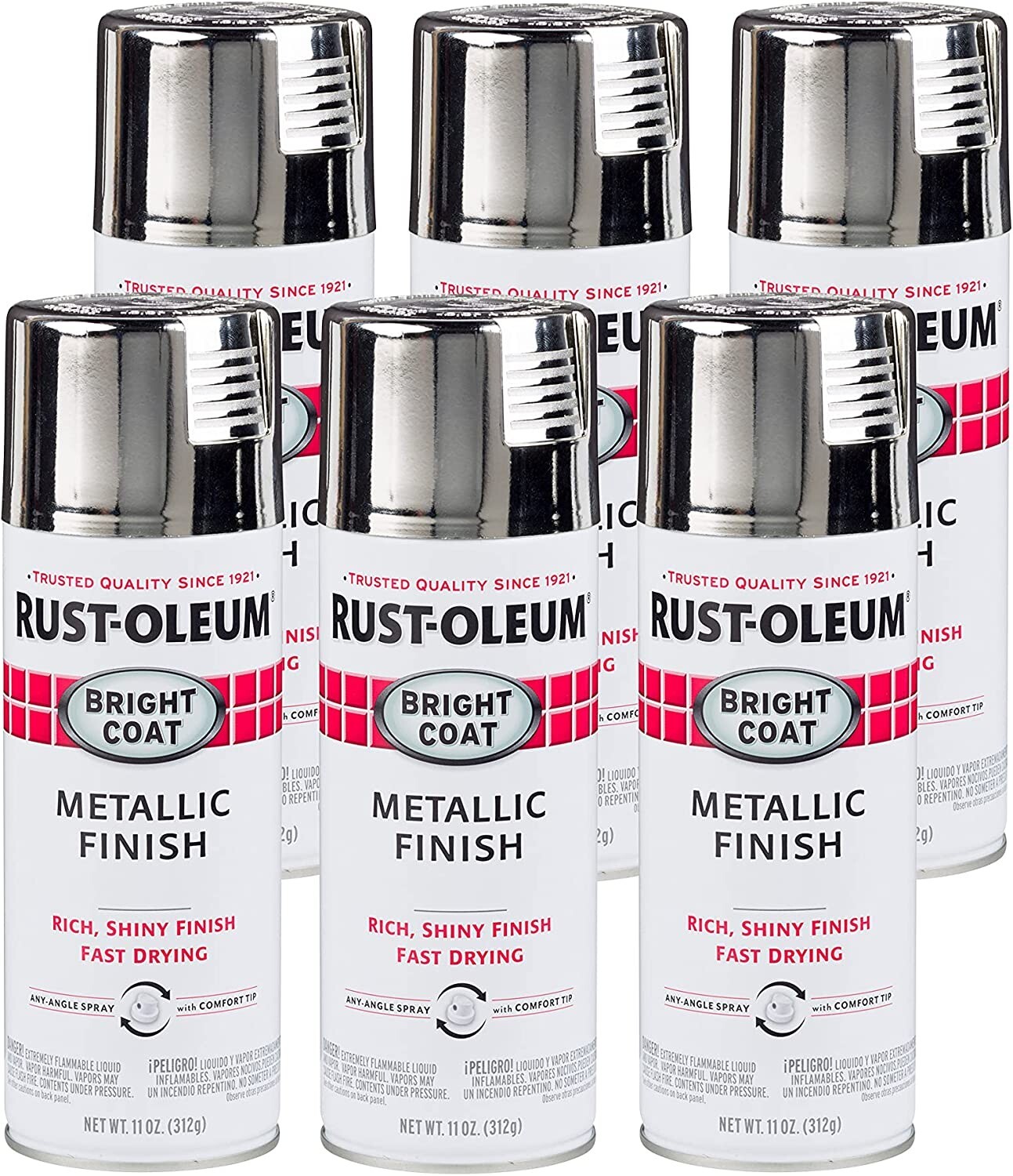 Rus-Oleum 7718830 Stops Rust Bright Coat Metallic Spray Paint 11oz 6 Pack Chrome