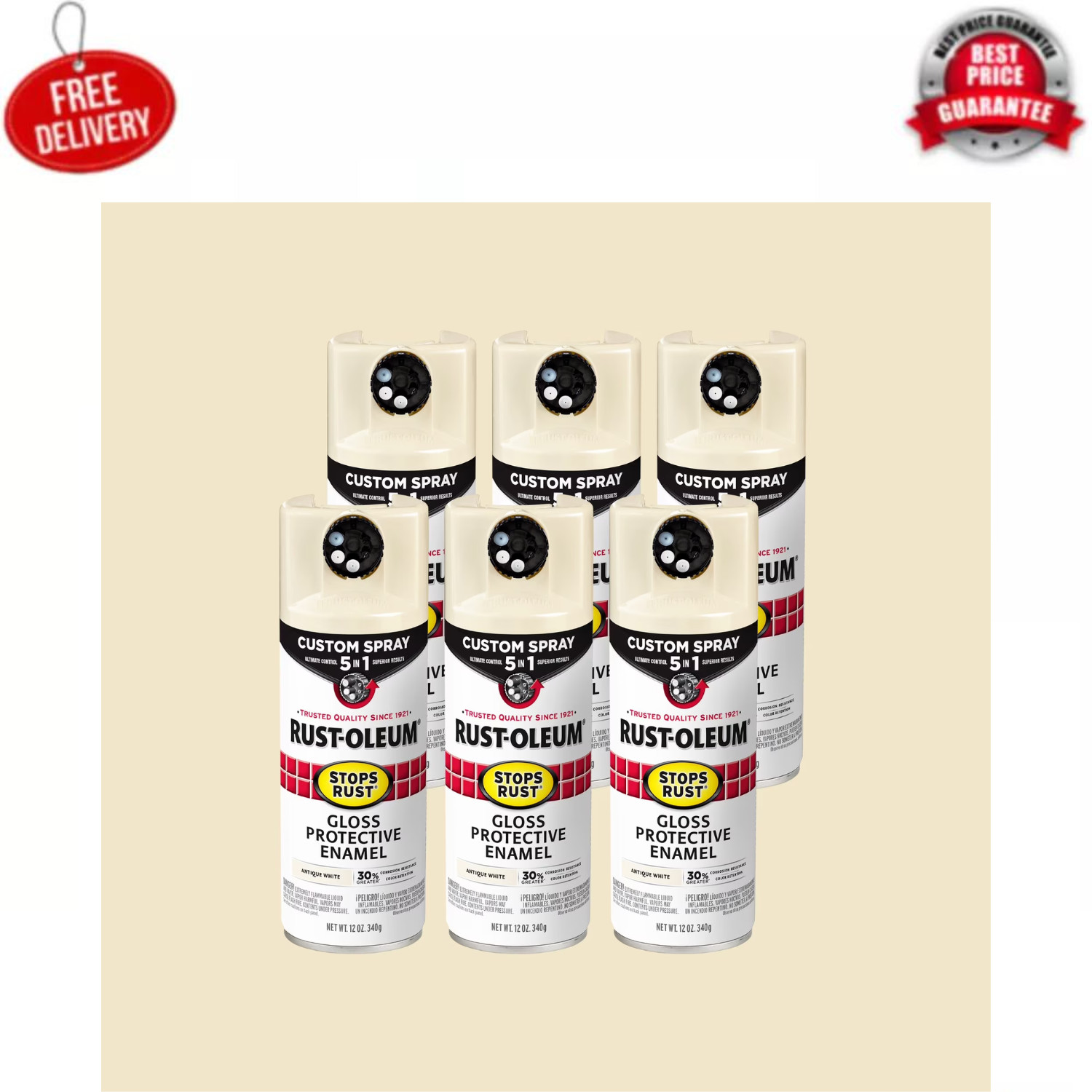 Rust-Oleum Stops Rust Custom Spray 5-in-1 Gloss Antique White 12oz 6 Pack