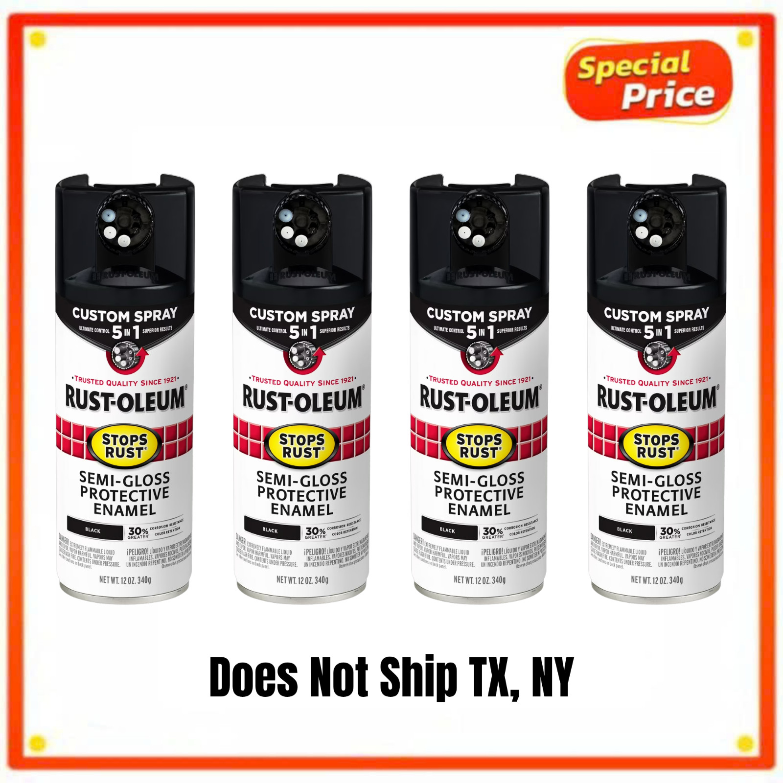 (4 Pack) Rust-Oleum Stops Rust 5 in 1 Semi-Gloss Black Spray Paint 12 oz Can