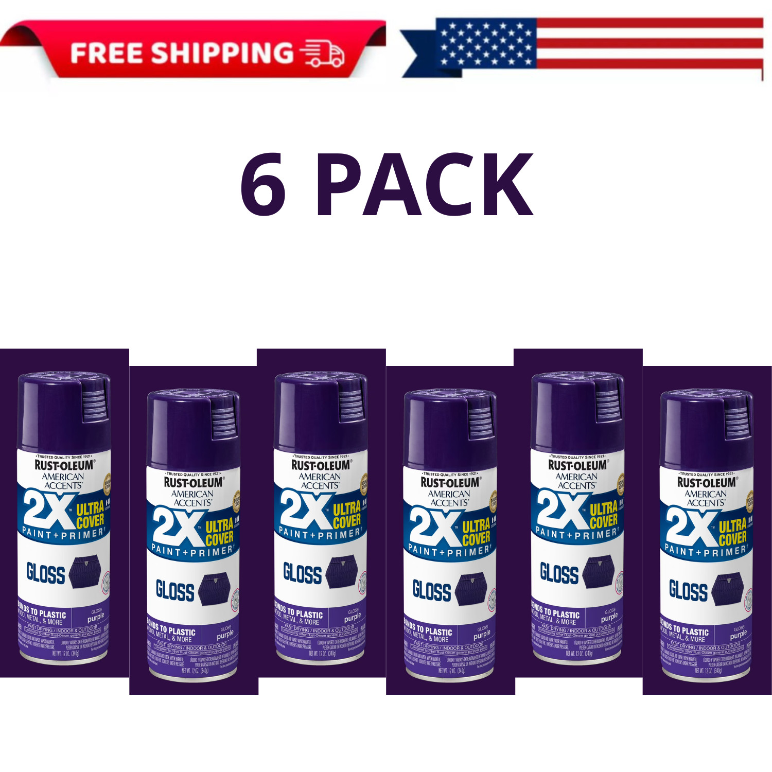 Rust-Oleum American Accents 2X Ultra Cover Gloss Purple Spray Paint 12oz, 6 PK