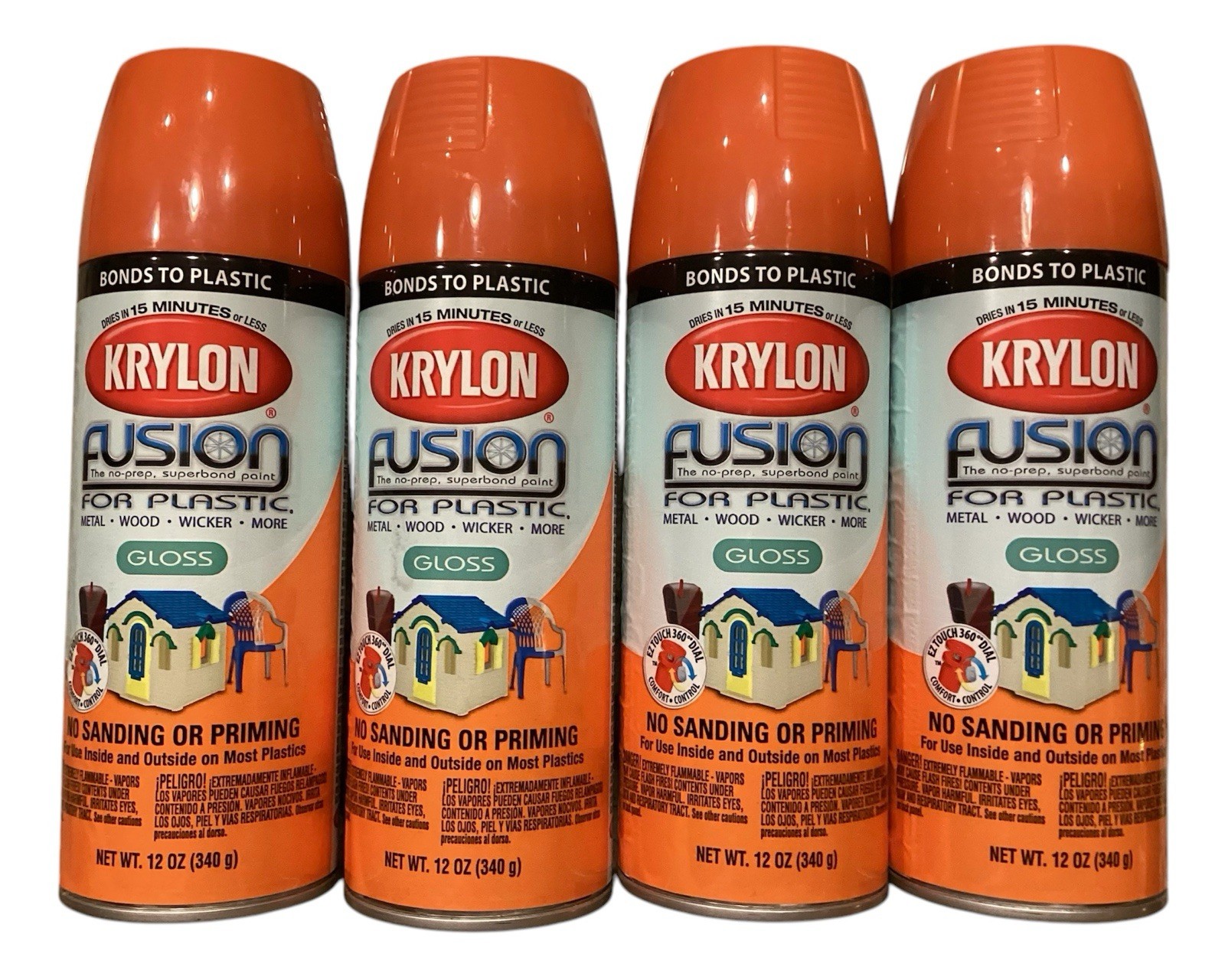 (4) Krylon Fusion For Plastic Spray Paint Gloss Pumpkin Safety Orange