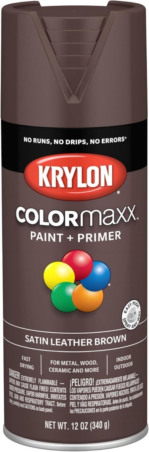 Versatile 12oz Krylon Satin Leather Brown Spray Paint & Primer for DIY Projects