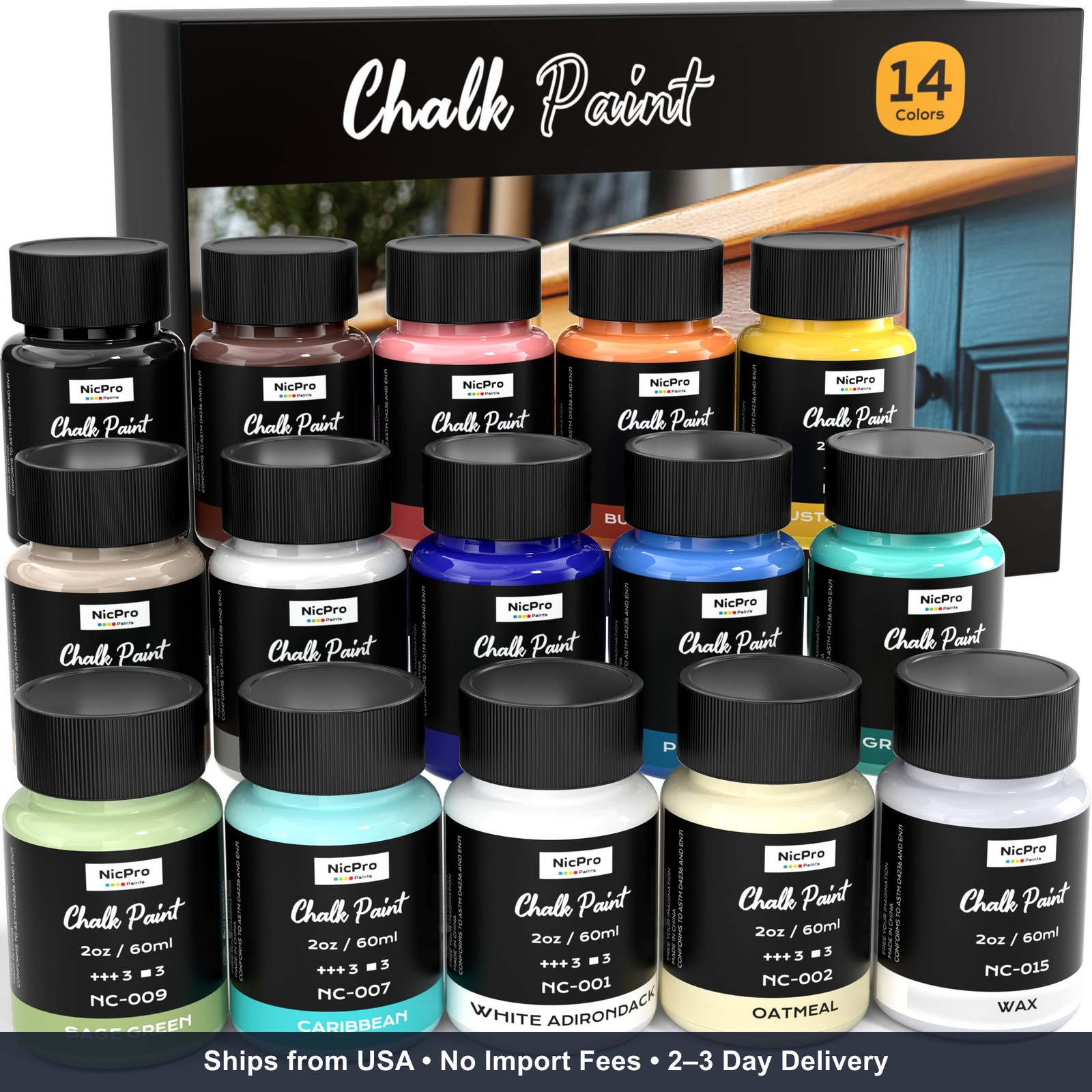 Nicpro 14 Colors Chalk Paint for Furniture, 2 fl oz (60ml) Ultra Matte Finish Ac