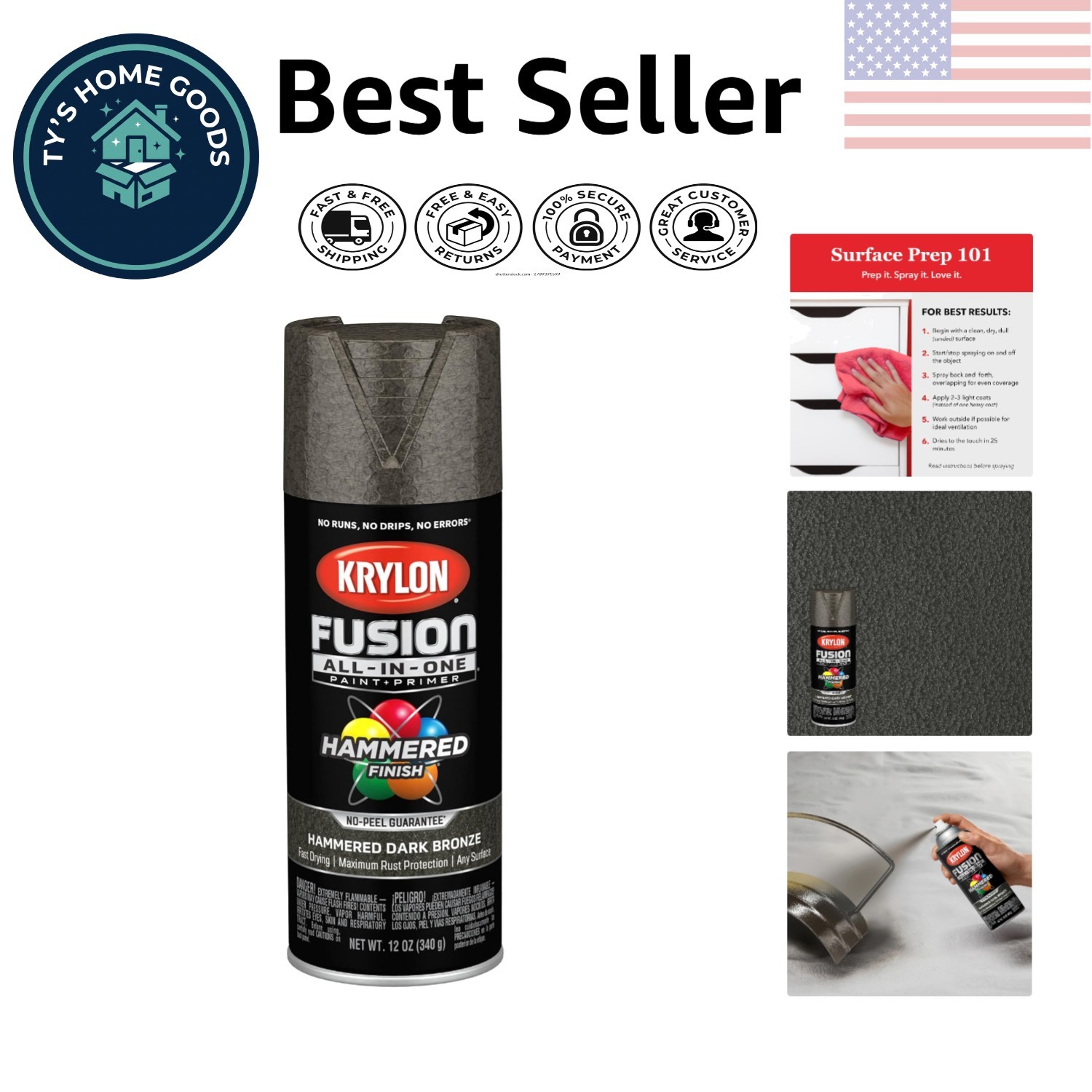 All-in-One Dark Bronze Hammered Spray Paint, 12 oz – Quick Dry & Strong Adhesion