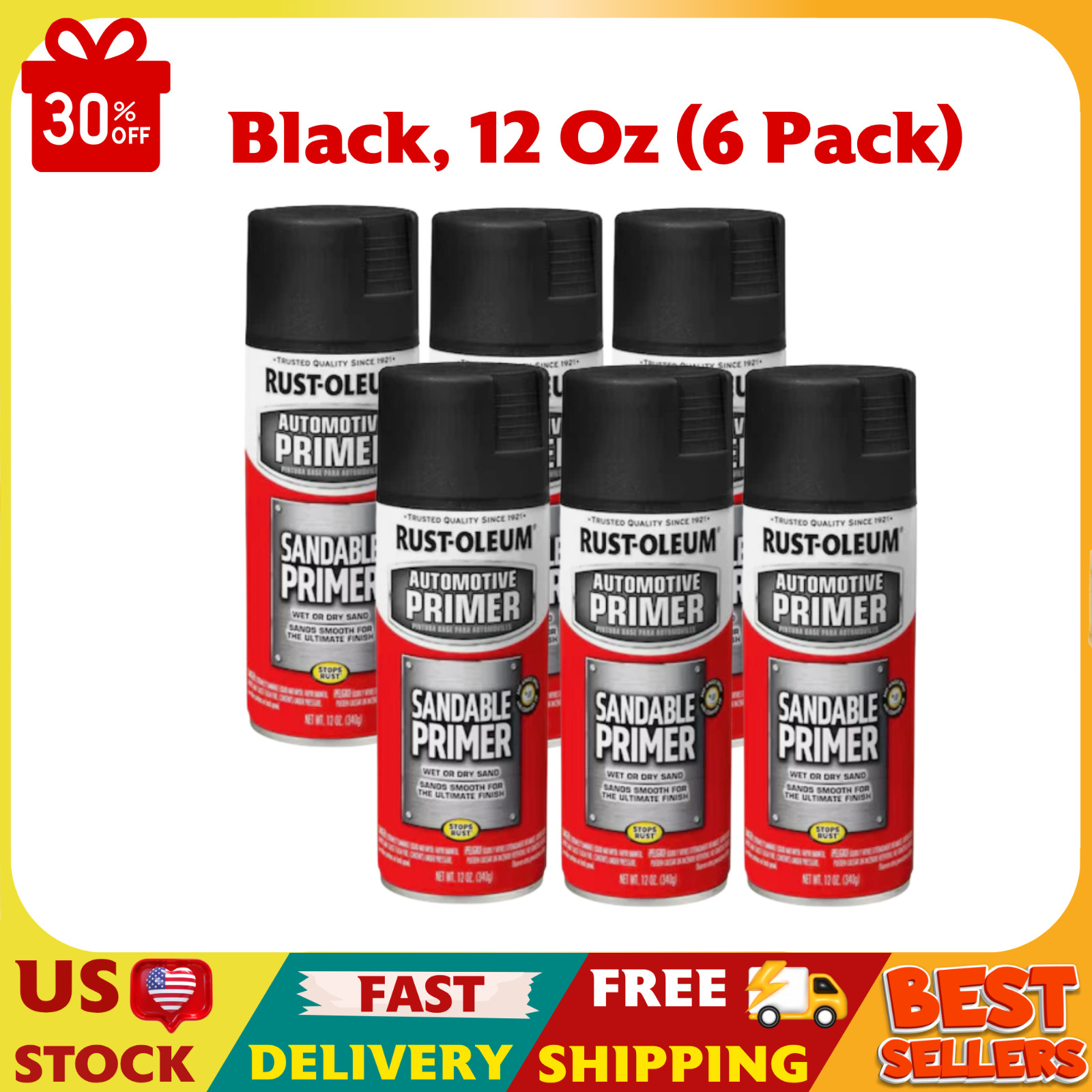 Rust-Oleum 249418 Automotive Sandable Primer Spray, Black, 12 Oz (6 Pack)