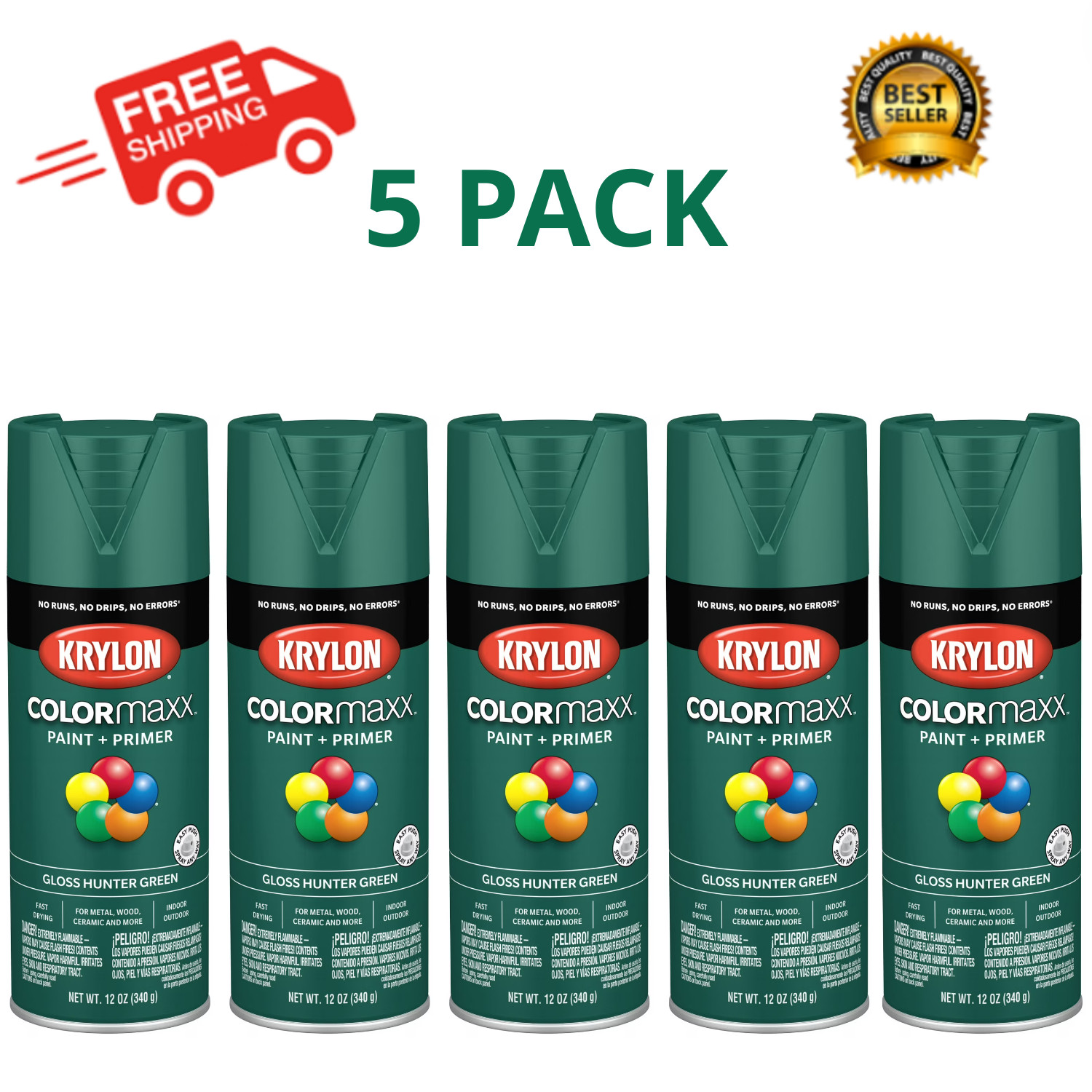 Krylon COLORmaxx Gloss Hunter Green Spray Paint and Primer, 12 oz, 5 Pack