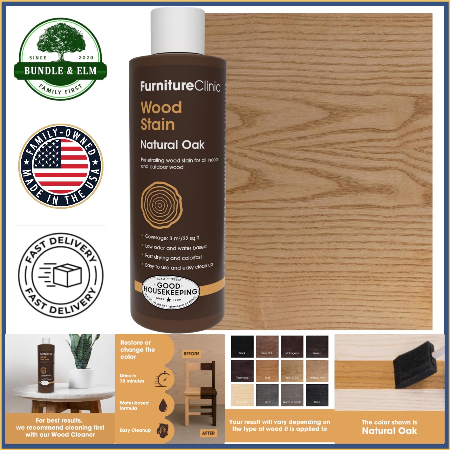Water-Based Stain for Wood Furniture, Natural Oak Finish, Quick Drying Formula