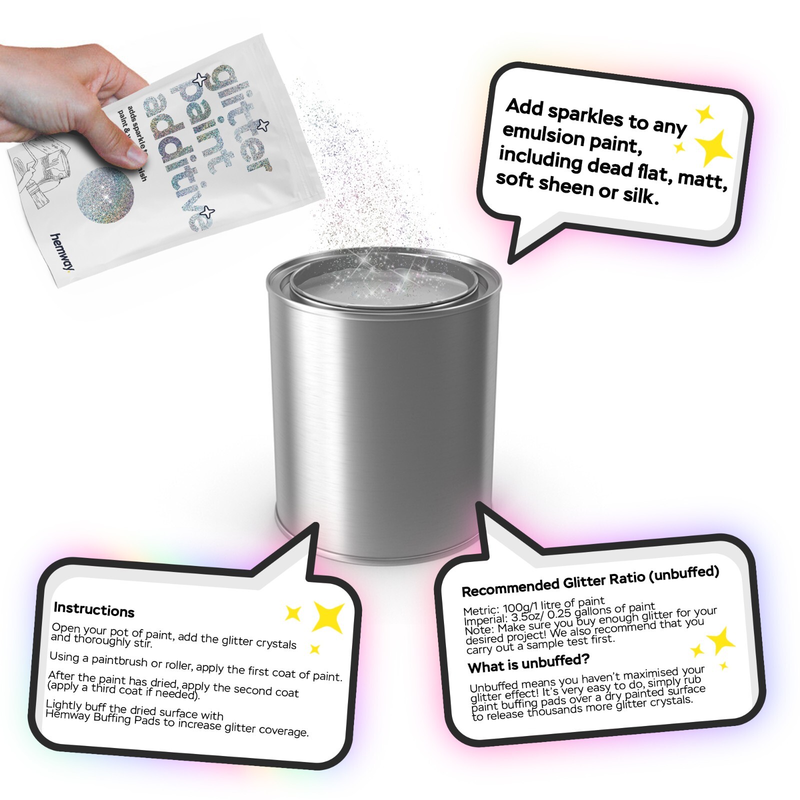 Hemway White Glitter Iridescent Paint Additive Crystals Emulsion Walls Ceiling
