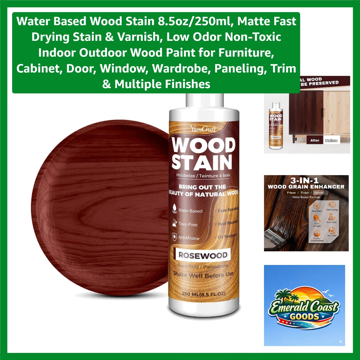 Water Based Wood Stain 8.5oz/250ml, Matte Fast Drying Stain & Varnish, Low Od…