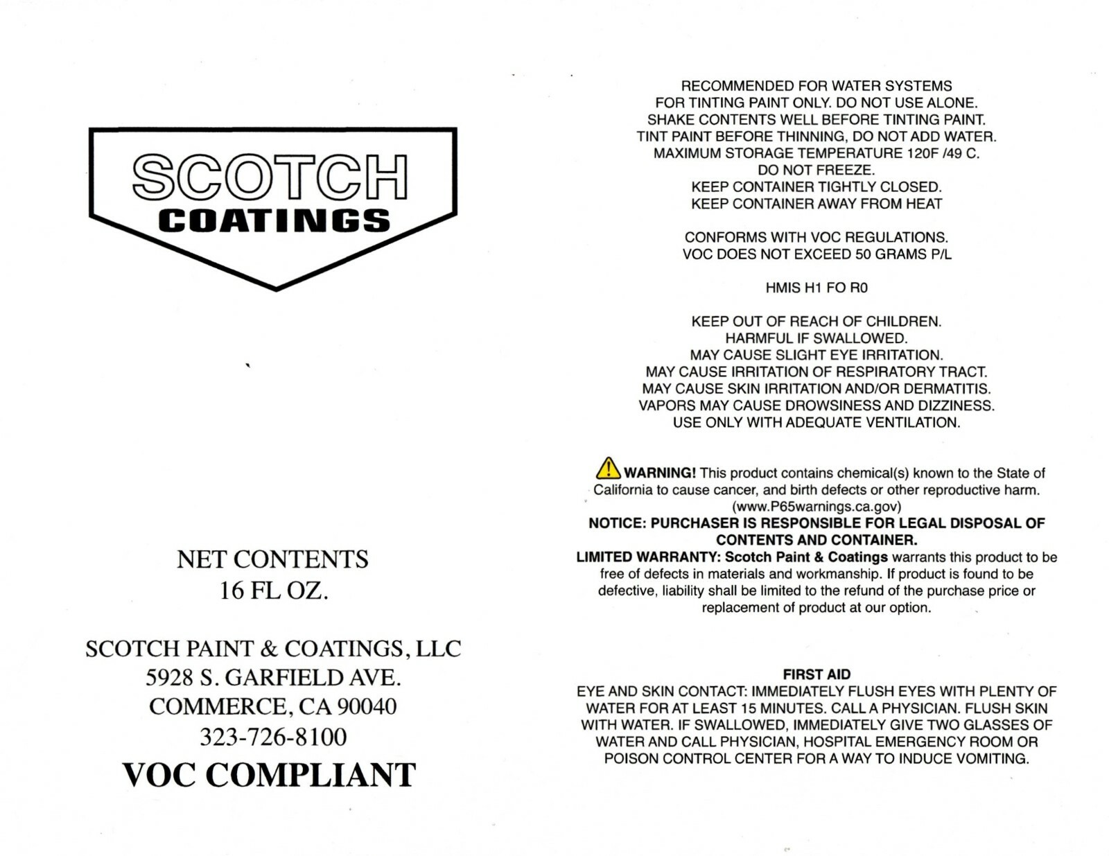 Scotch Coatings, Colourfal, Low VOC Universal Colorants 16 OZ Paint Tint Bottle