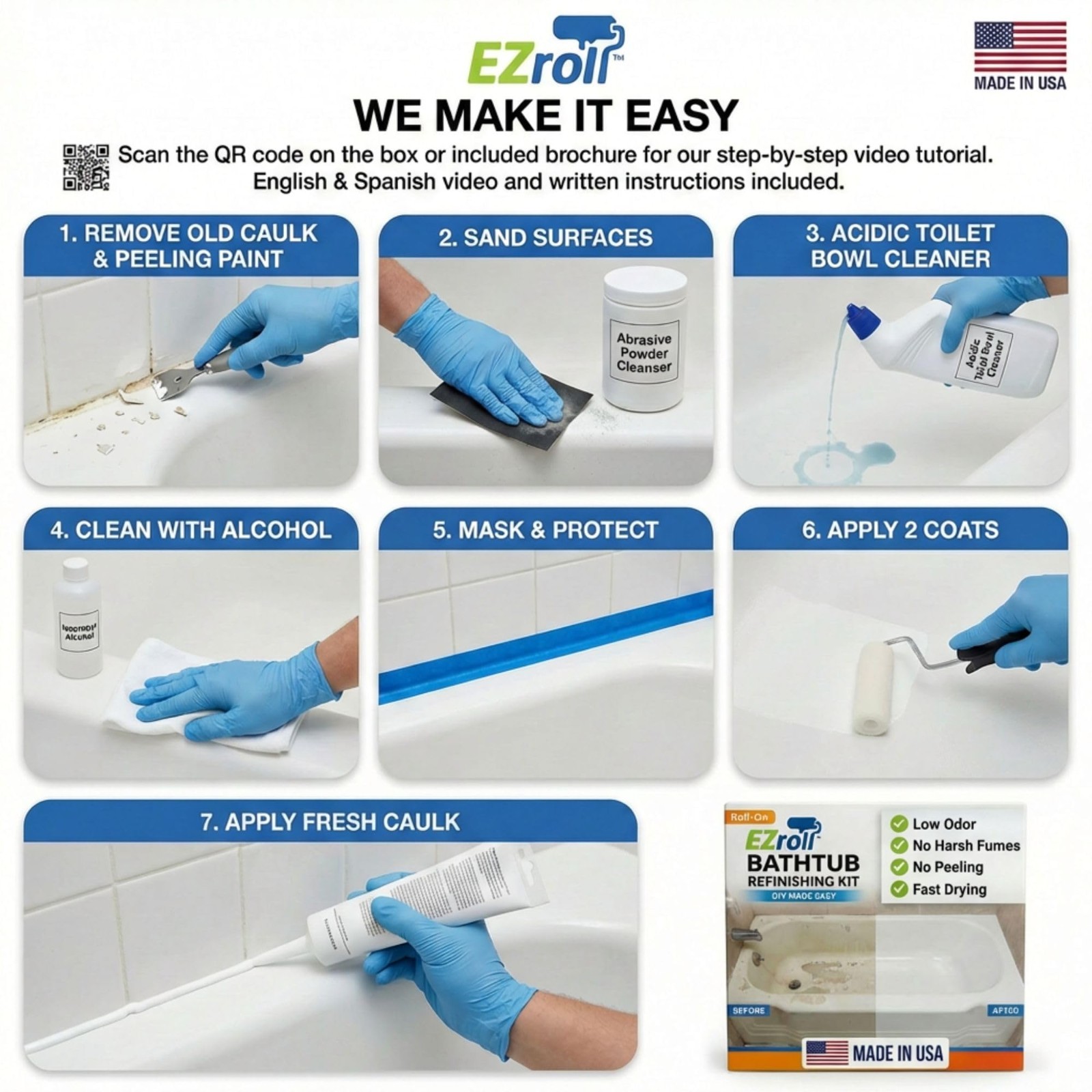 Bathtub Refinishing Kit – Low Odor White Paint for Tub, Tile, Sink & Shower – DI