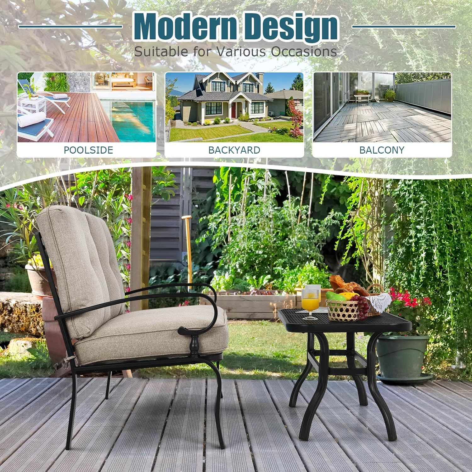 Patio Loveseat with Table Set, 2 Seat Cushioned Sofa with Coffee Table, Patio Co