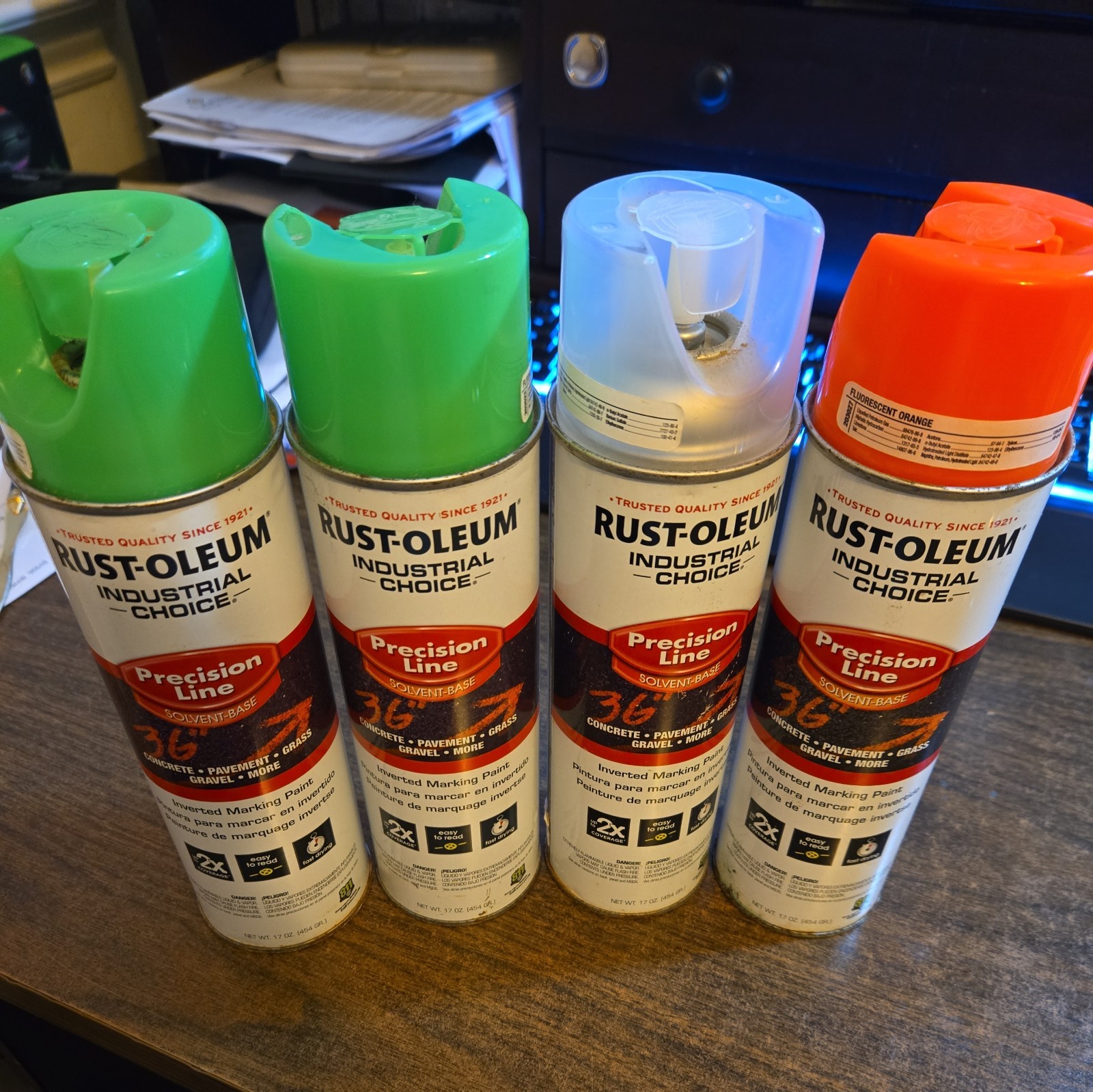 Lot 4 Rust-Oleum Precision Line Pain ( 2 Green, 1 clear, and 1 orange) 17 oz NEW