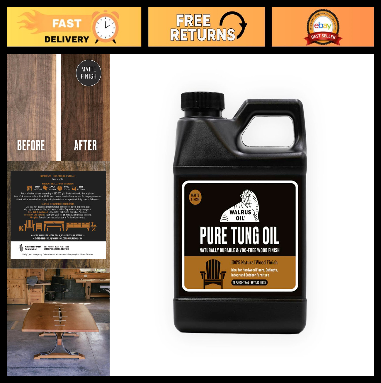 100% Pure Tung Oil – Natural Wood Finish, Vegan, Food-Safe, 16oz for Woodworking