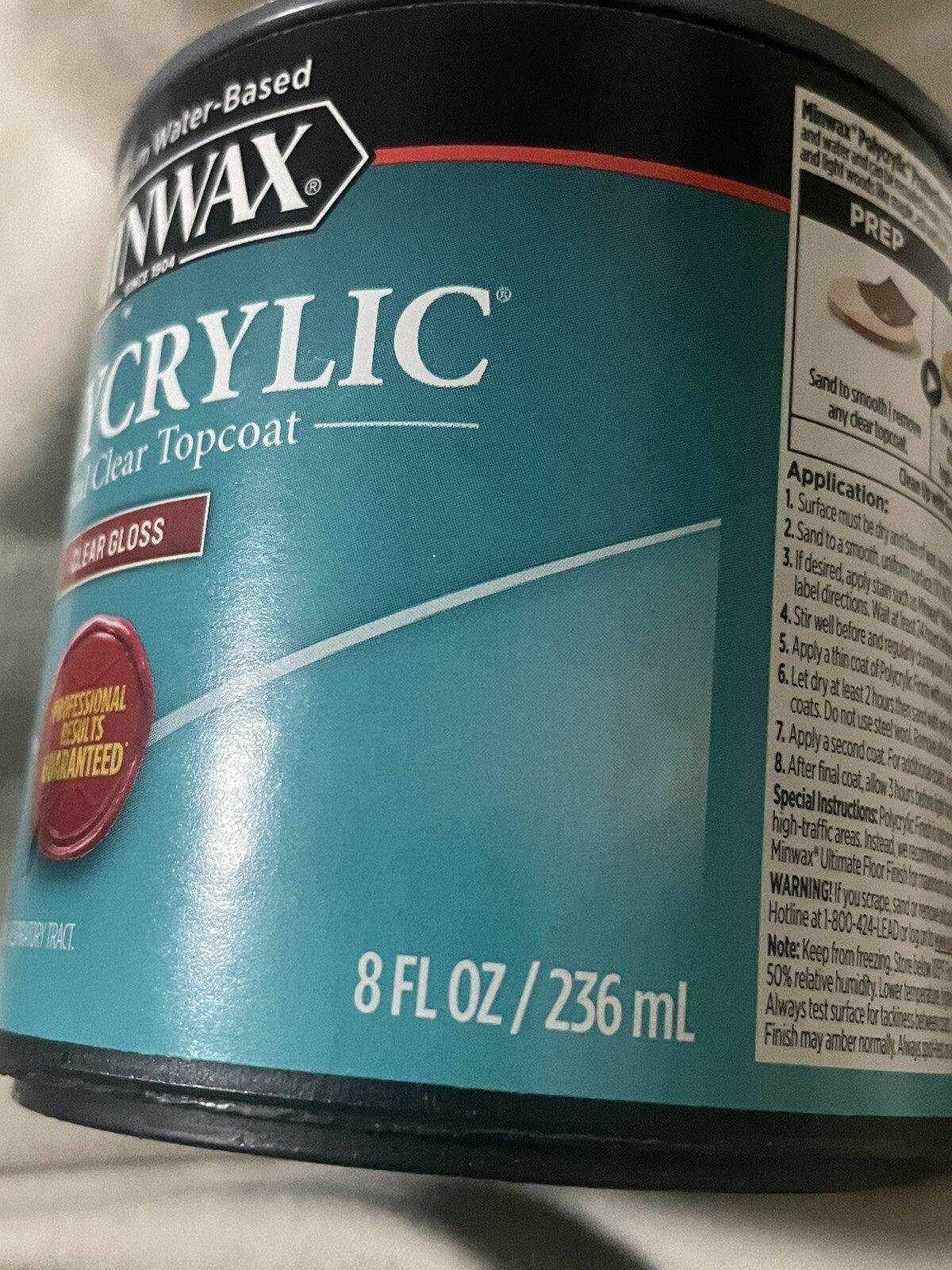 MINWAX POLYCRYLIC Crystal Clear Topcoat CLEAR GLOSS 8oz (1/2 pint) NEW