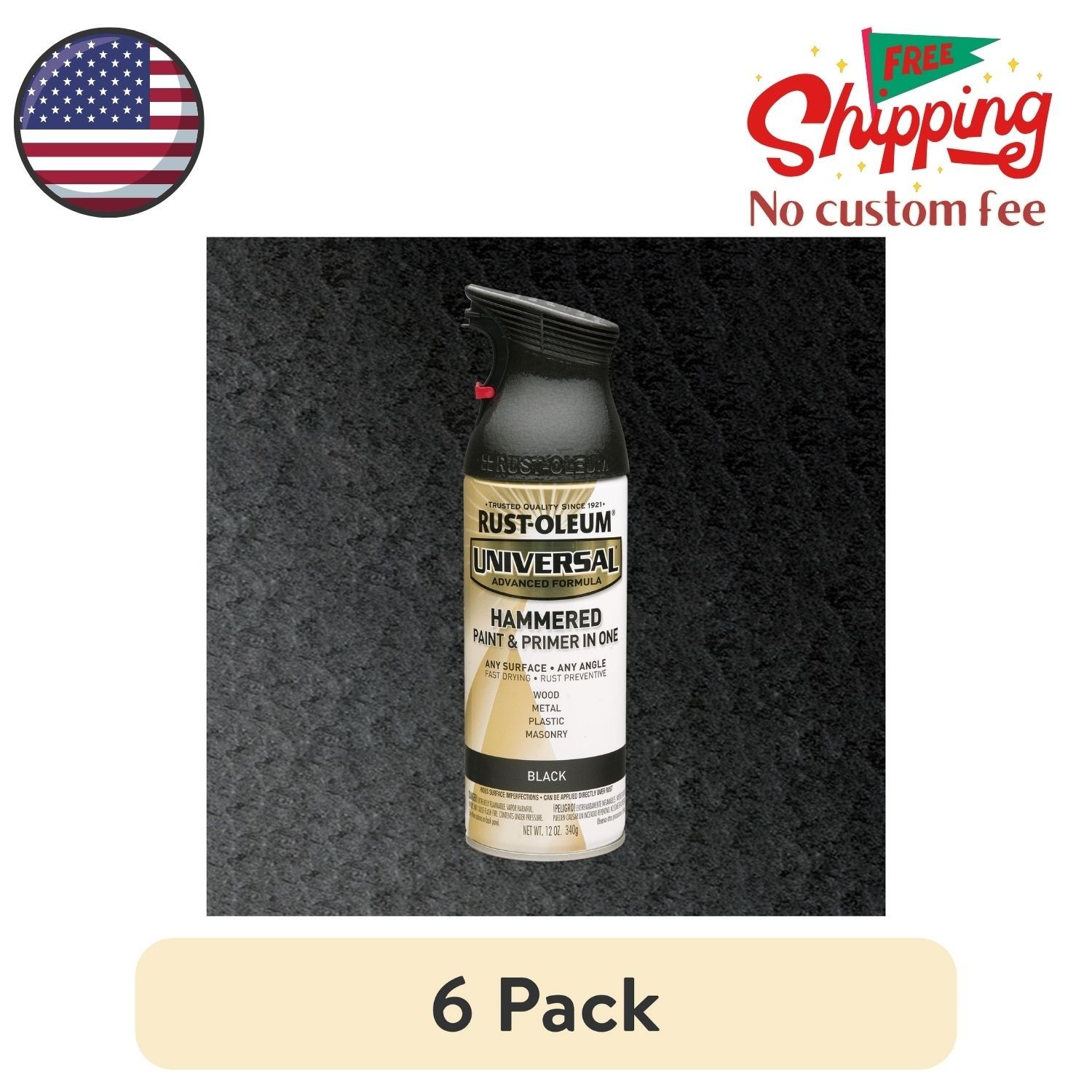 (6 pack) Black, Hammered Paint & Primer Spray Paint Spray Paint, 12 oz