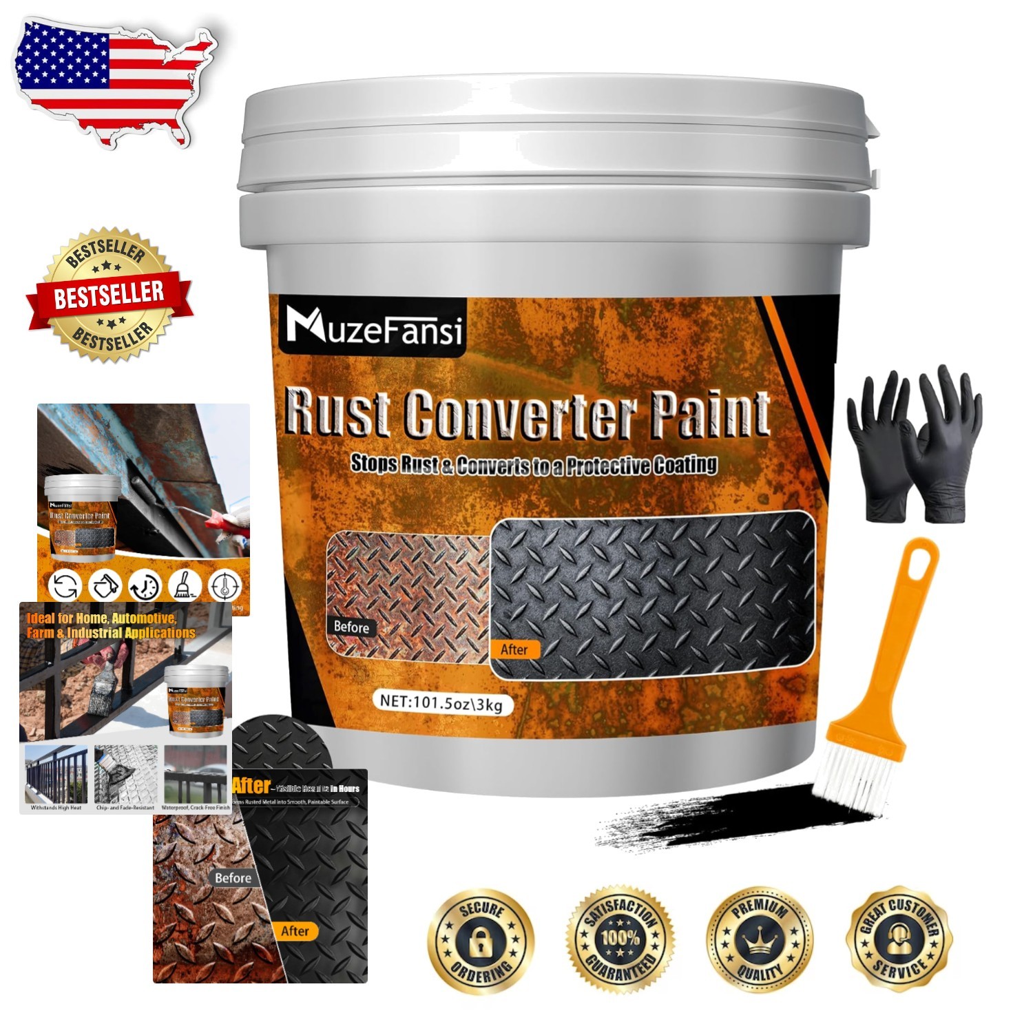 Rust Converter Paint 101.5oz Black, Water-Based Metal Primer, Rust Inhibitor