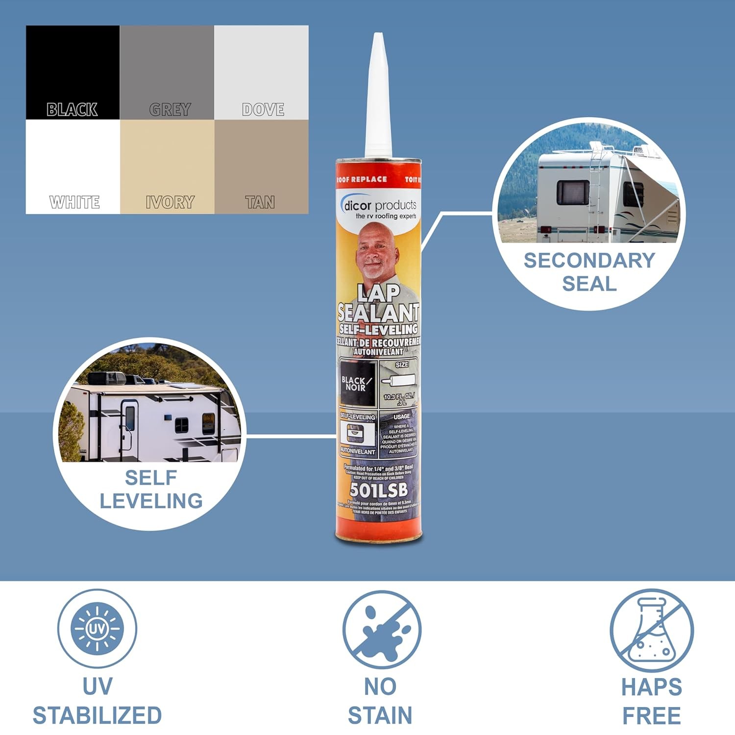 Dicor Self Leveling Lap Sealant Black 10.3 oz RV Roofing Compatible with EPDM…