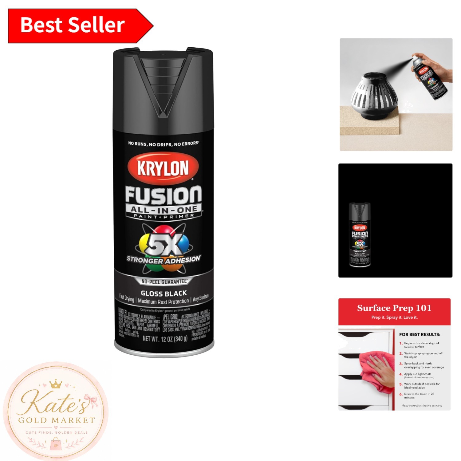 All-In-One Adhesive Spray Paint, 12 oz Black – Gloss Finish, Indoor/Outdoor Use